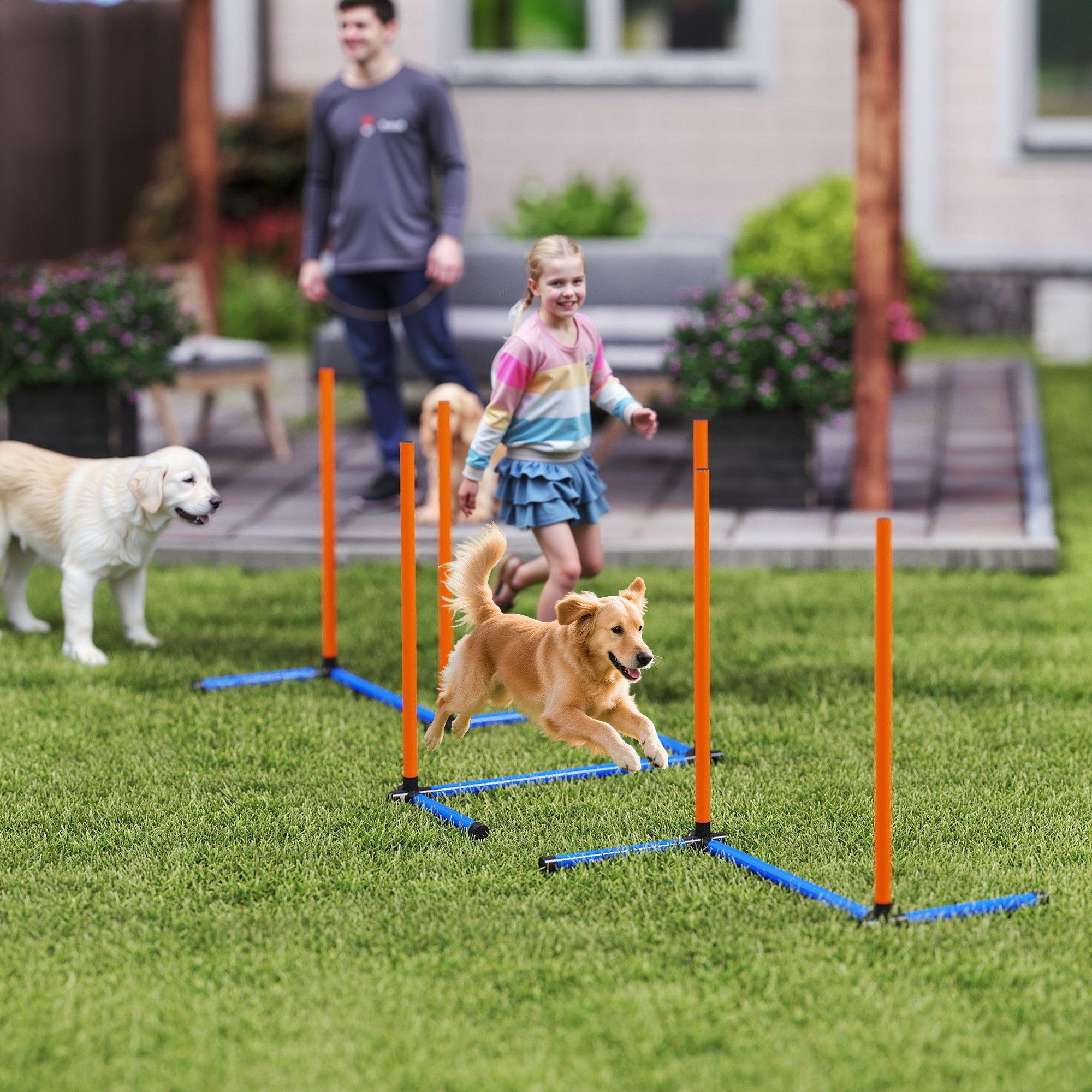 PawHut Agility-Hürde mit Slalomstangen, Erdspießen, Tragetasche, PE, Oxford-Gewebe, Agility Set Hunde (3-tlg) für alle Hundegrößen, für drinnen und draußen, Orange