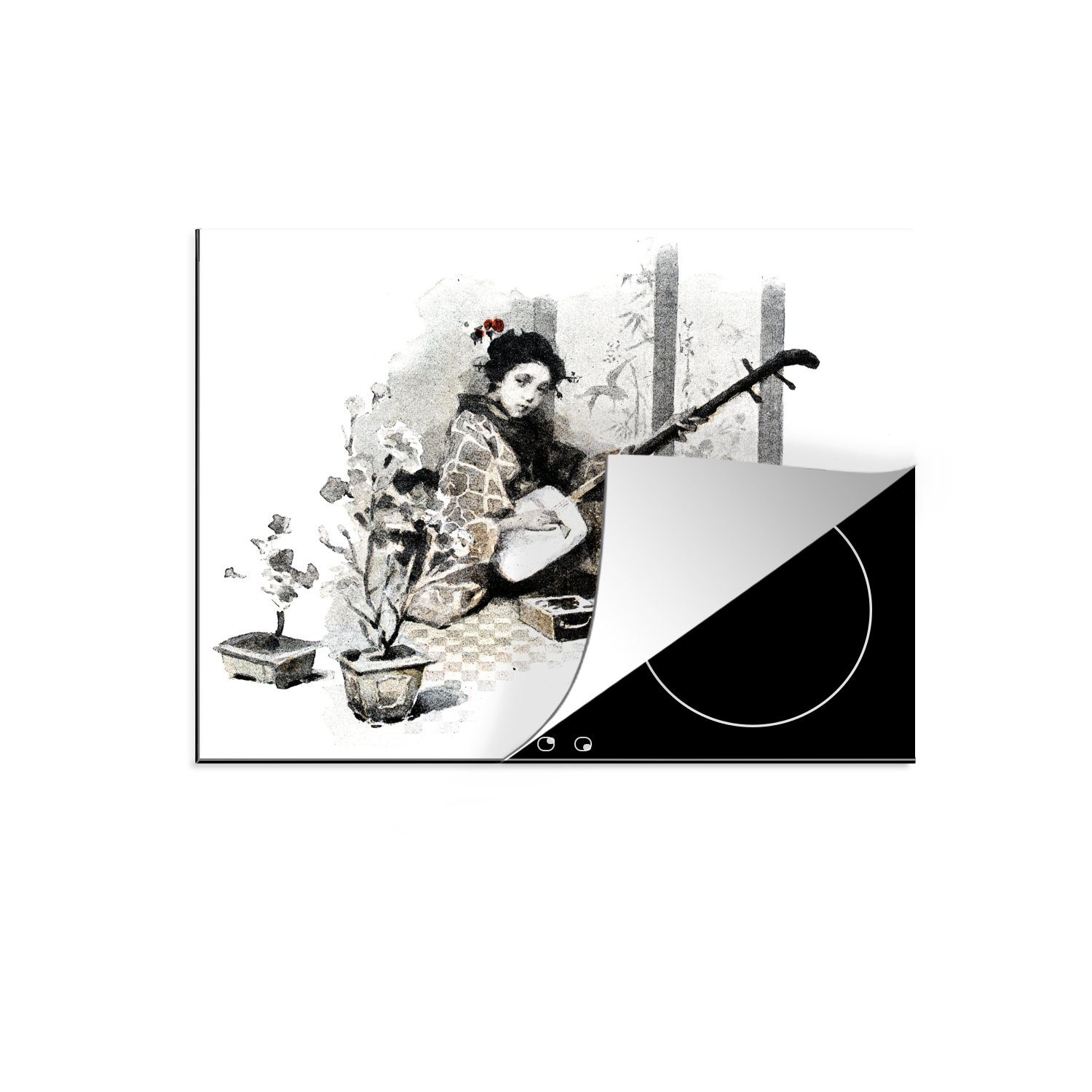 MuchoWow Herdblende-/Abdeckplatte Dot print Aquarell Illustration Frau mit japanischer Gitarre, Vinyl, (1 tlg), 60x52 cm, Mobile Arbeitsfläche nutzbar, Ceranfeldabdeckung