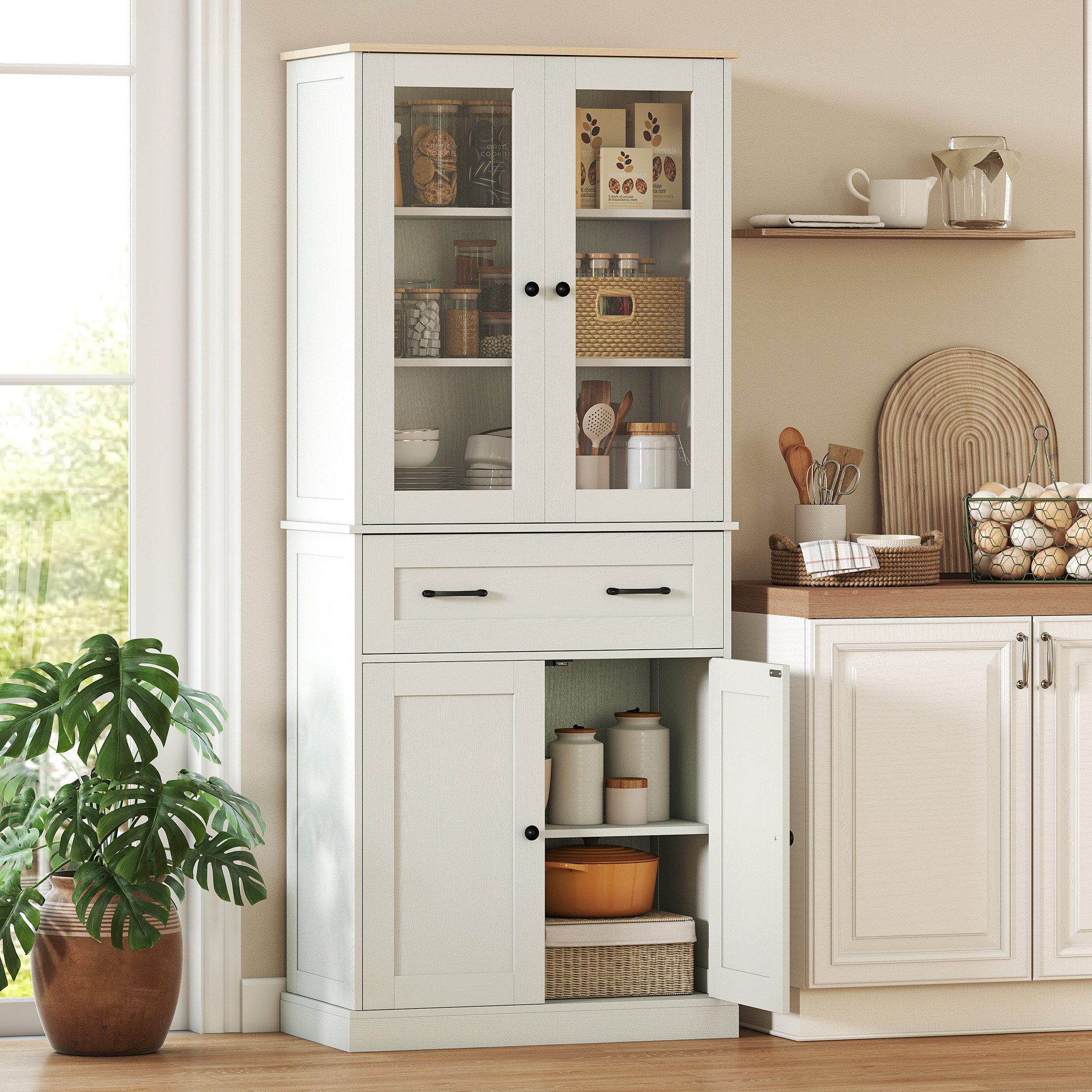 HOMCOM Hochschrank mit verstellbaren Regalboden (Buffetschrank, 1-St., Vorratsschrank) für Küche, Wohnzimmer, Esszimmer Cremeweiß, 76 x 40 x 182,5 cm