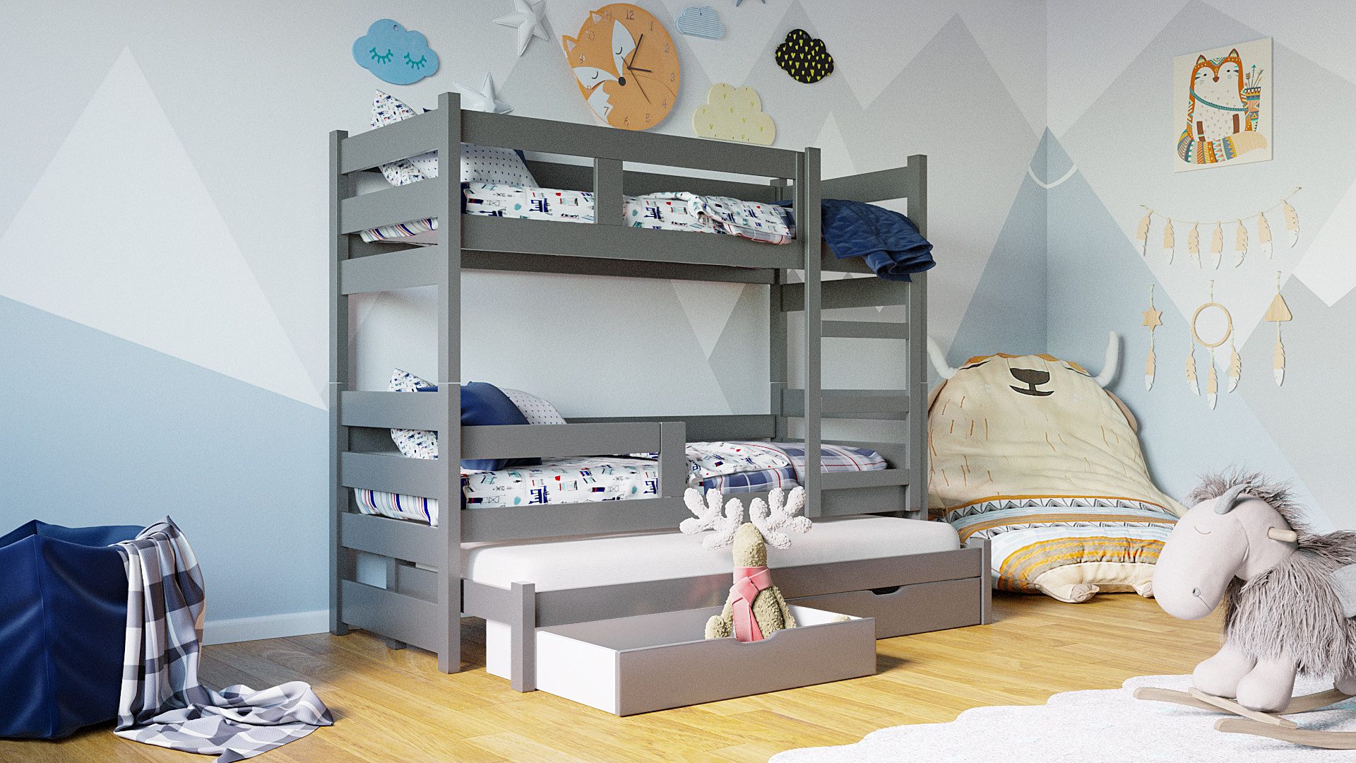 thematys Hochbett Etagenbett mit Ausziehbett + Rausfallschutz INKL. 3 Matratzen 180x75cm (MADE IN EU-Kinderbett für Jungen und Mädchen, in Weiß, Grau, Natur, Rosa, Grün, Minze oder Blau, inklusive Lattenroste - Aus Kiefernholz und MDF Platten gefertigt) mit zwei Schubladen