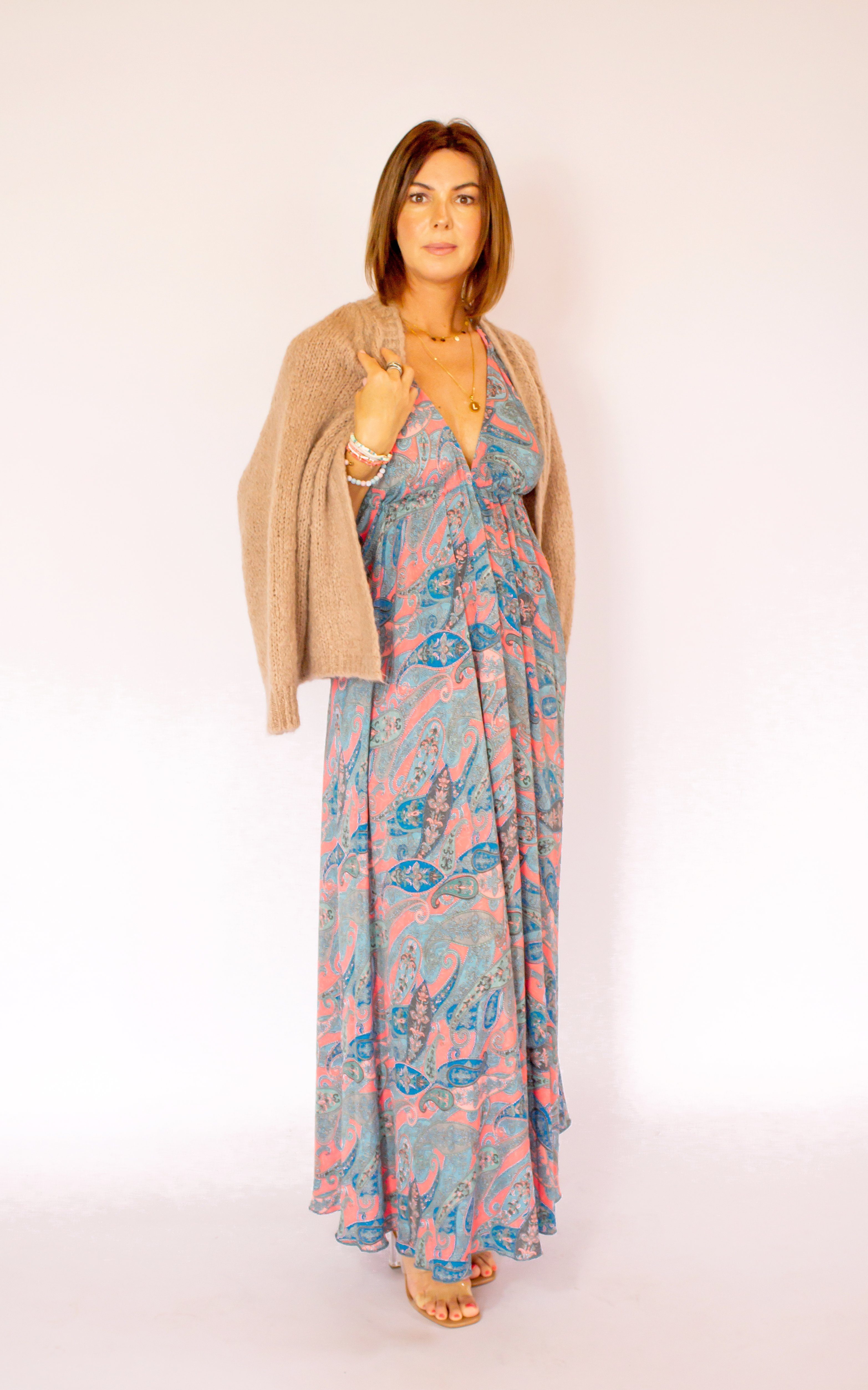 MonCaprise Sommerkleid One Mehrfarbig Rückenausschnitt Clothè by Strandkleid Boho, mit Seidenmix Maxikleid Size tiefem