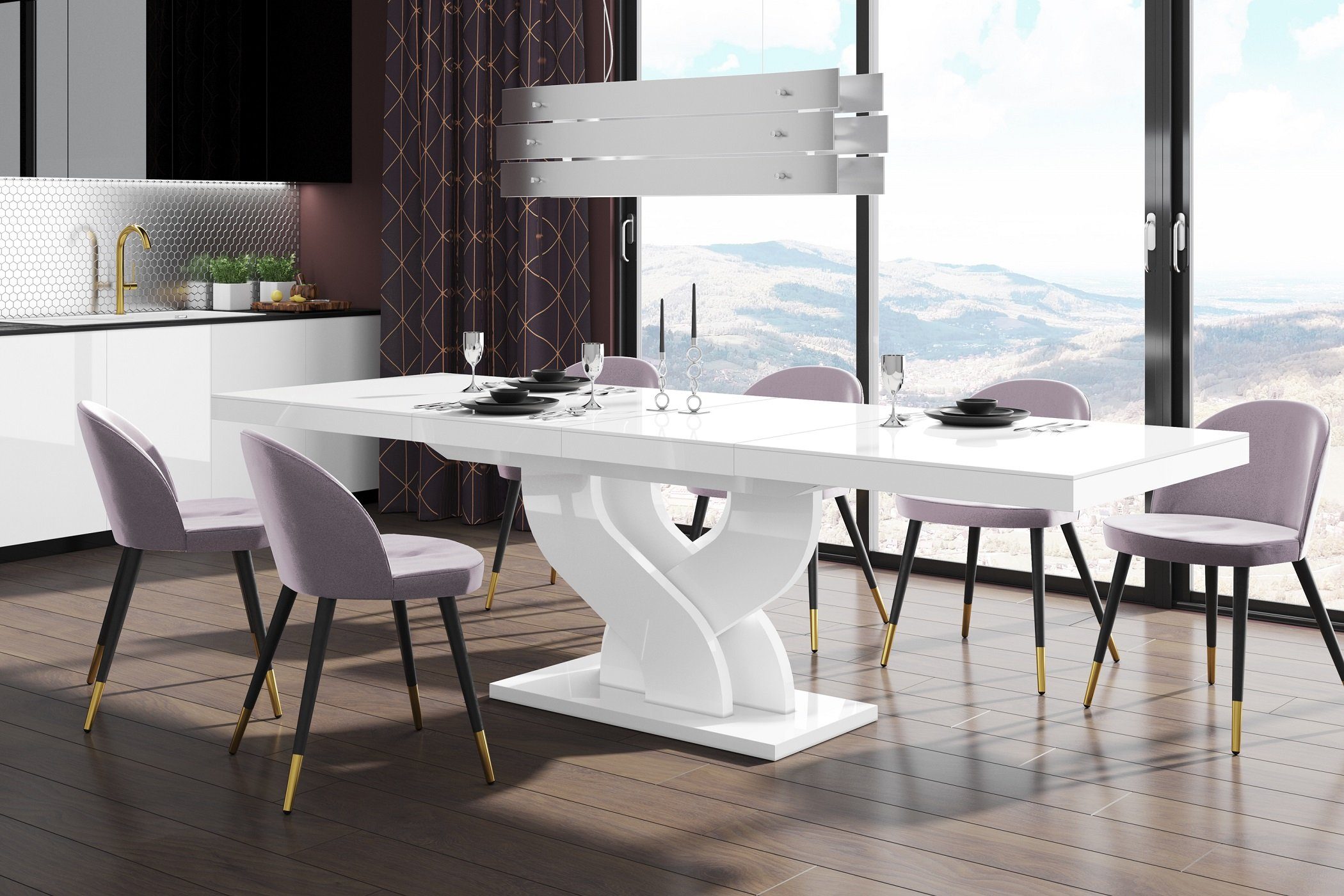designimpex Esstisch Design Esstisch Tisch HEB-111 Hochglanz ausziehbar 160 bis 256 cm Weiß Hochglanz
