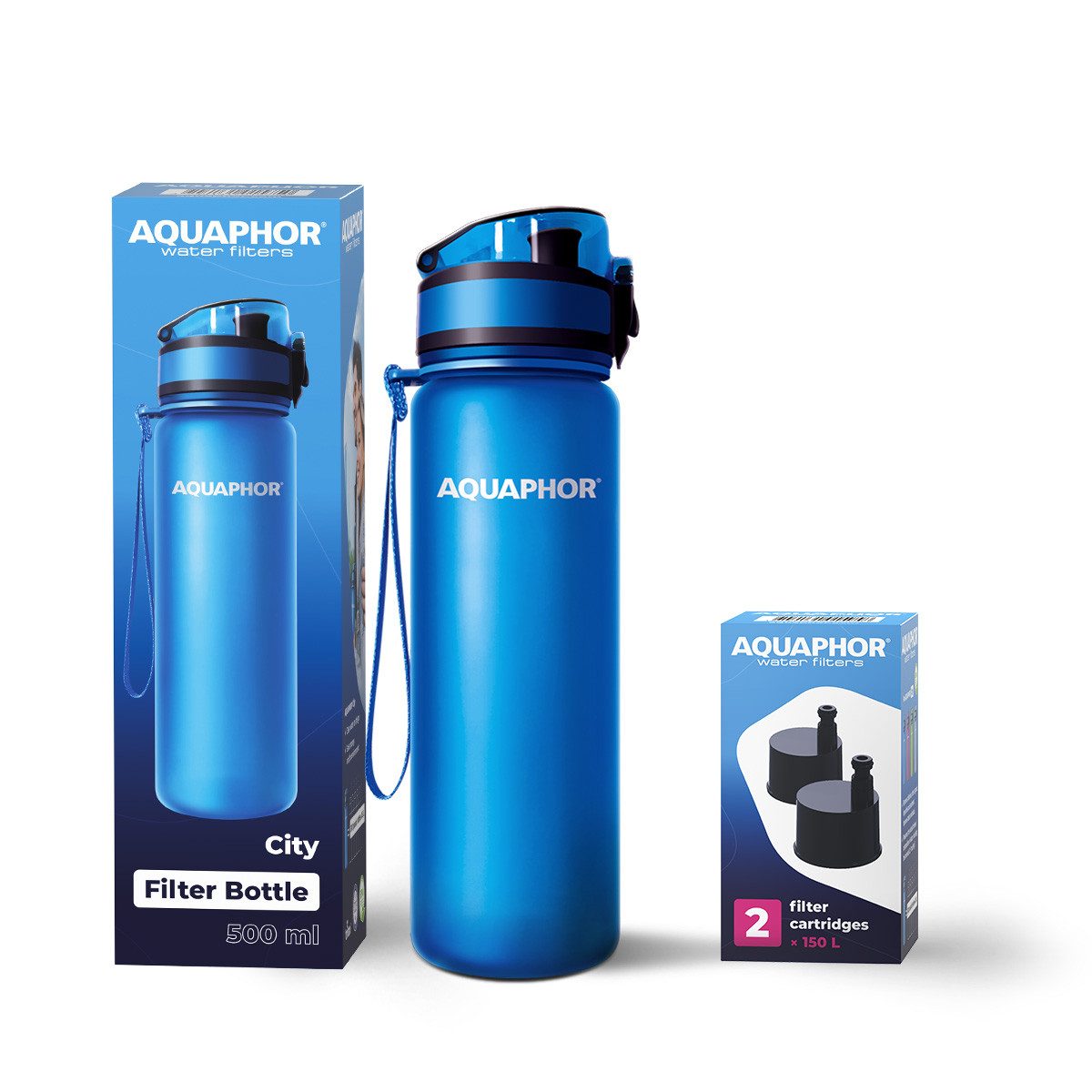 AQUAPHOR Trinkflasche Set Trinkflasche City Wasserfilterflasche 500ml., inkl. 1+2 Filterpatronen CITY, Aktivkohle/ blau