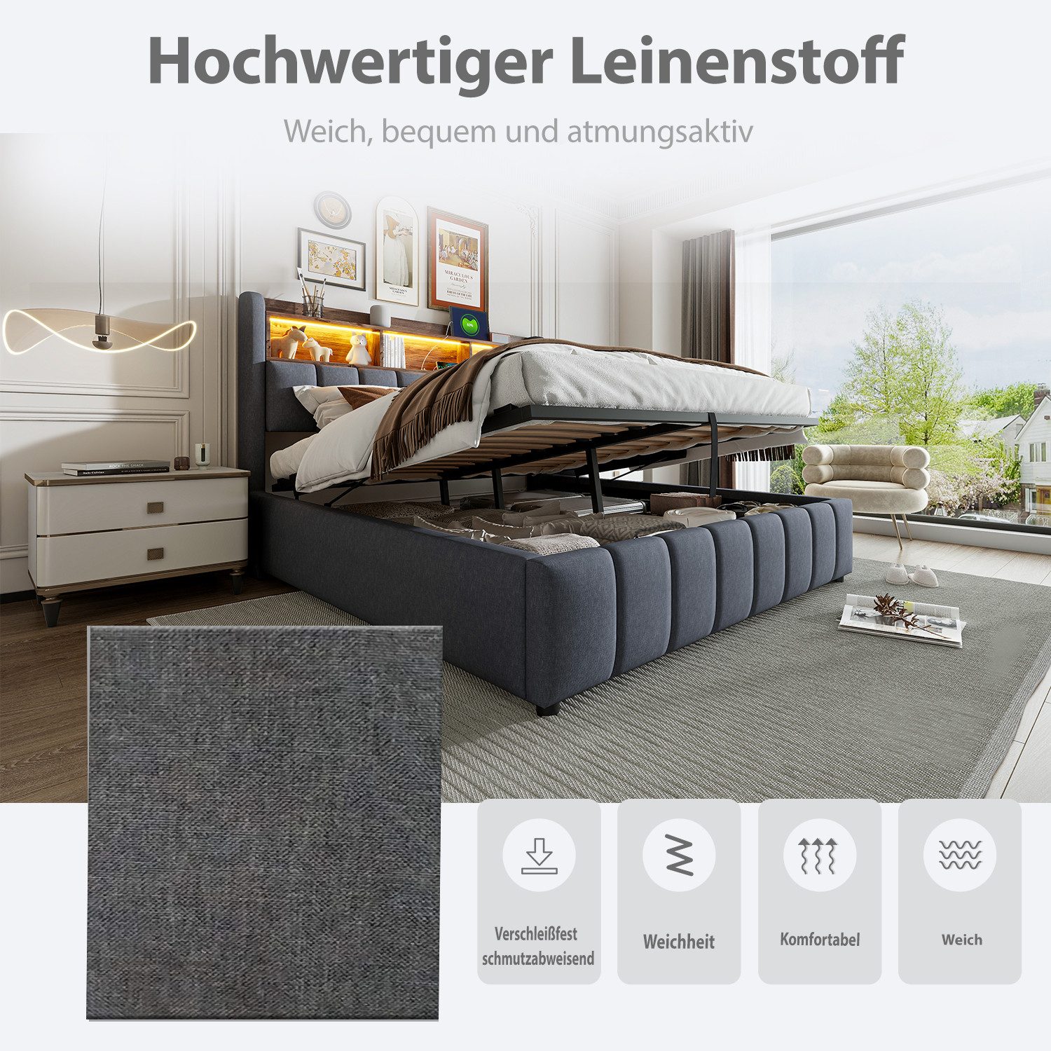 Merax Polsterbett mit hydraulischem Stauraum (215 x 180 x 111 cm, 1-tlg., Leinenstoff), Doppelbett 180x200cm mit LED USB-Anschluss, Kopfteil mit Ablageflächen – Bild 4 von 5