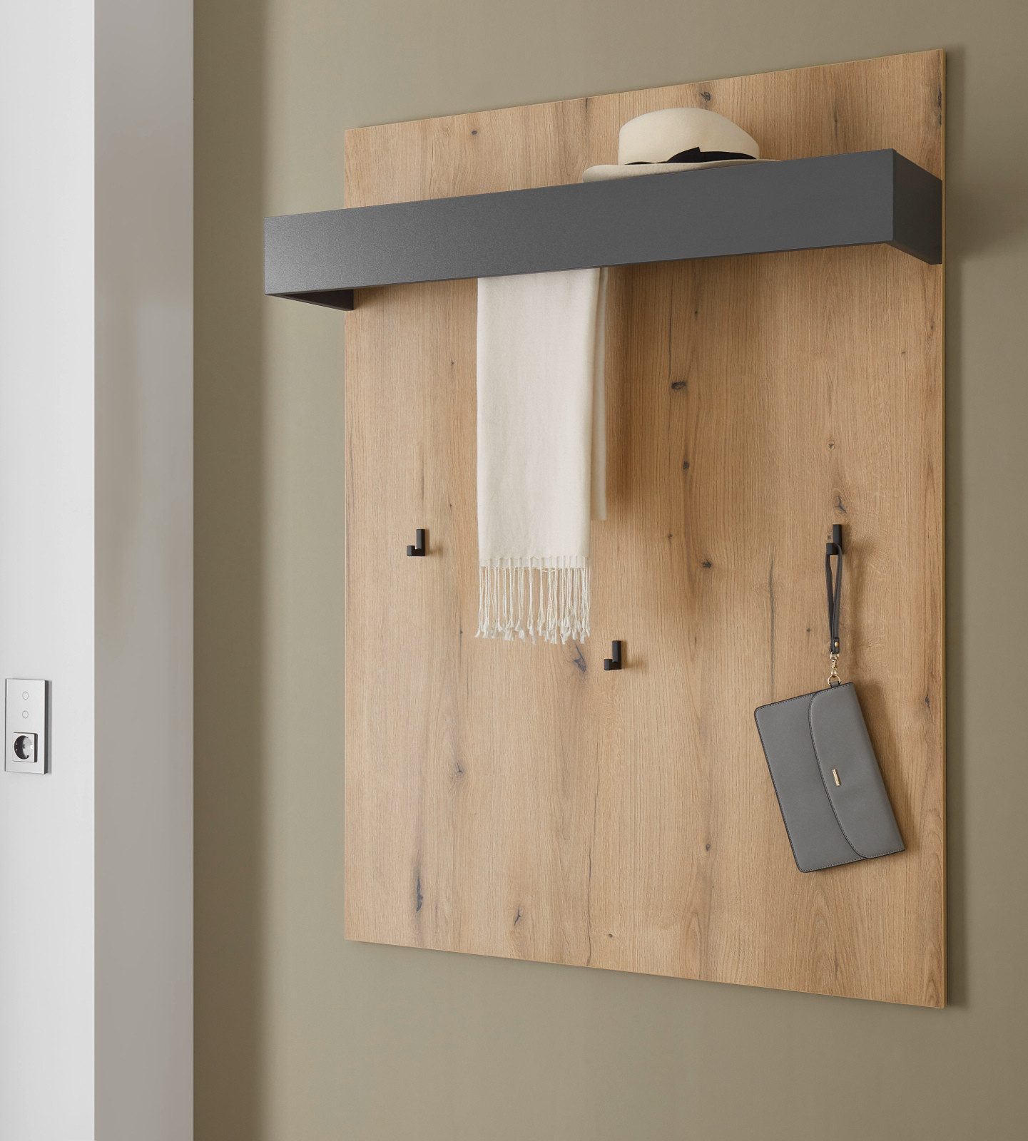 Furn.Design Garderobenpaneel Center (Wandgarderobe in Eiche mit Grau, 100 x 135 cm), mit verdeckter Kleiderstange