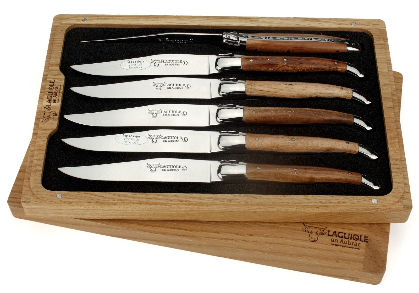 Laguiole en Aubrac Steakmesser 62C99CVIH 6er Set - Griff Weinrebe - Backen glänzend - Klinge glänzend - Holzbox