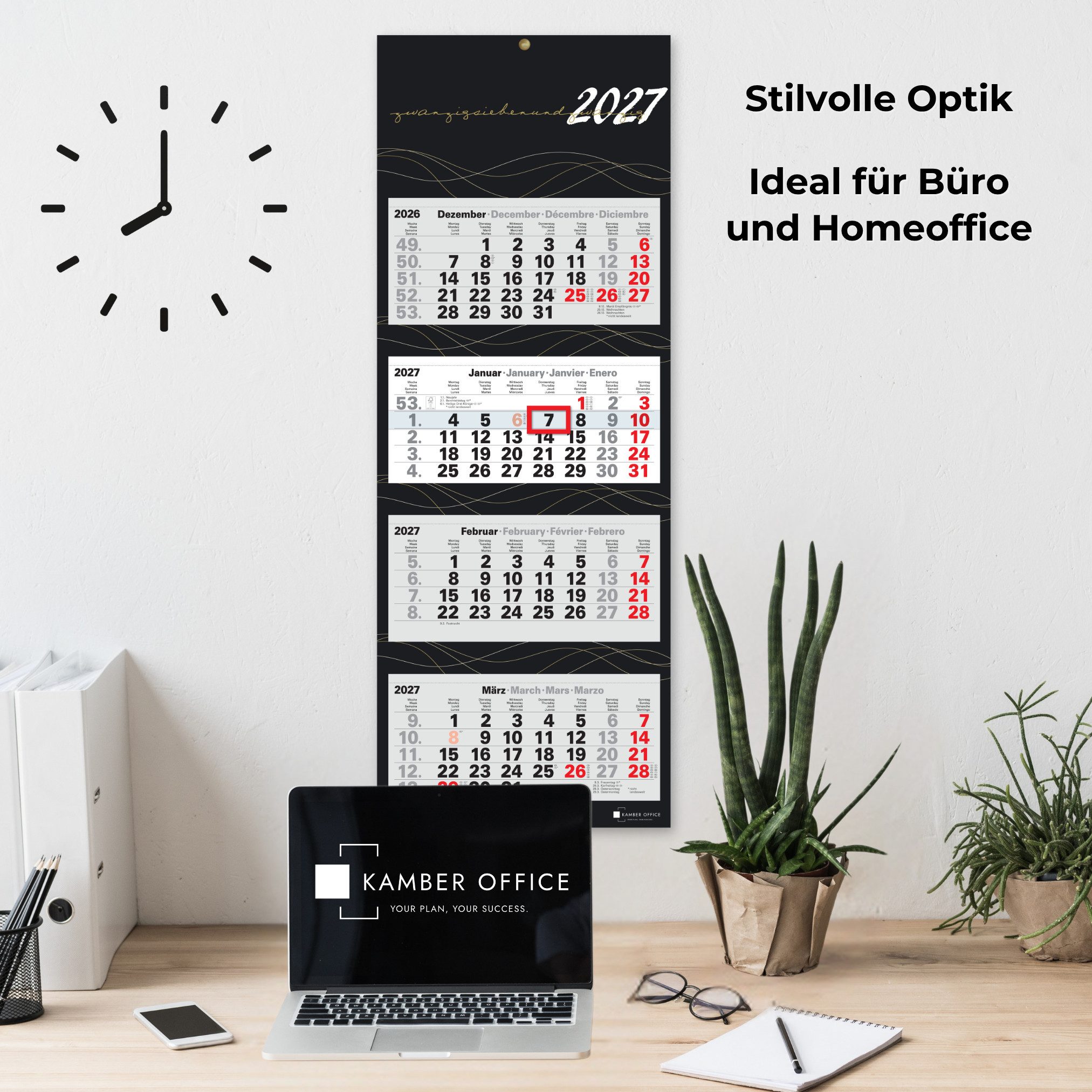 Kamber Office Wandkalender 4-Monatskalender 2027 mit Schieber Büro Kalender, Viermonatskalender 2027 groß mit Datumsschieber Jahreskalender faltbar – Bild 2 von 5