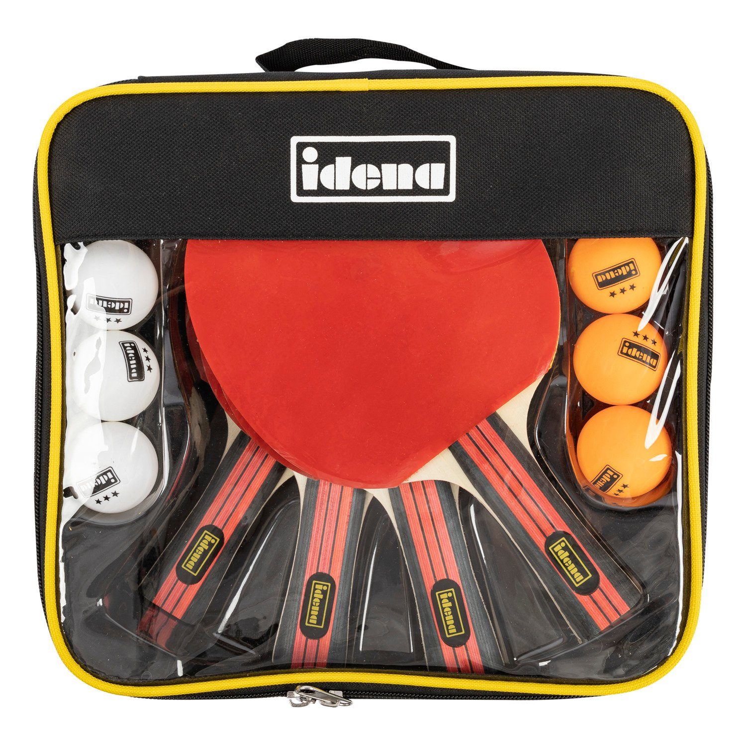 Idena Tischtennisschläger Idena 40222 - 12-teiliges Tischtennis-Set mit 4 Tischtennisschlägern (Set, 4 Schläger, 8 Bälle & 1 Reißverschlusstasche)