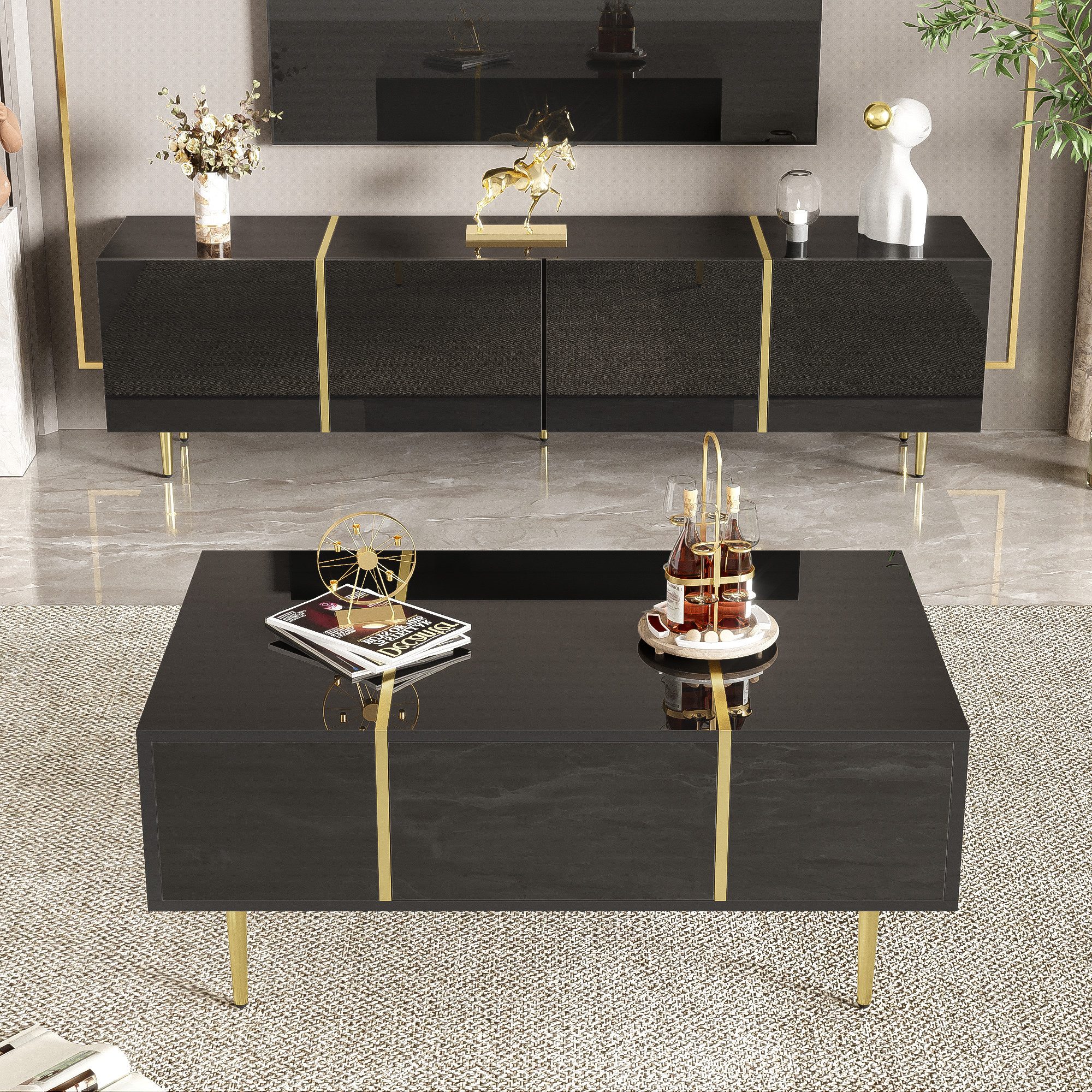 OKWISH Wohnzimmer-Set 2-tlg. Hochglanz- mit Dämpfungsscharnieren, (Wohnwand, TV-Wandkombination, Wohnzimmer-Wandkombination, 2-St., TV-Board 170x46x35 cm + Couchtisch 100x41,5x60 cm), Für eine vollständige und wertige Wohnzimmer-Einrichtung