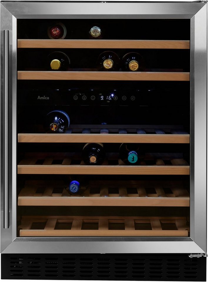 Amica Weintemperierschrank WK 341 111 E,für 46 Standardflaschen á 0,75l,  Standkühlschrank, Dreifach verglaste Tür (Rauchglas) mit UV-Schutz