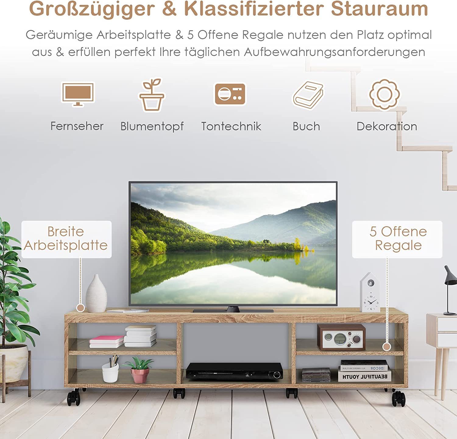 KOMFOTTEU TV-Schrank TV-Lowboard 5 mit Eiche Ablagen