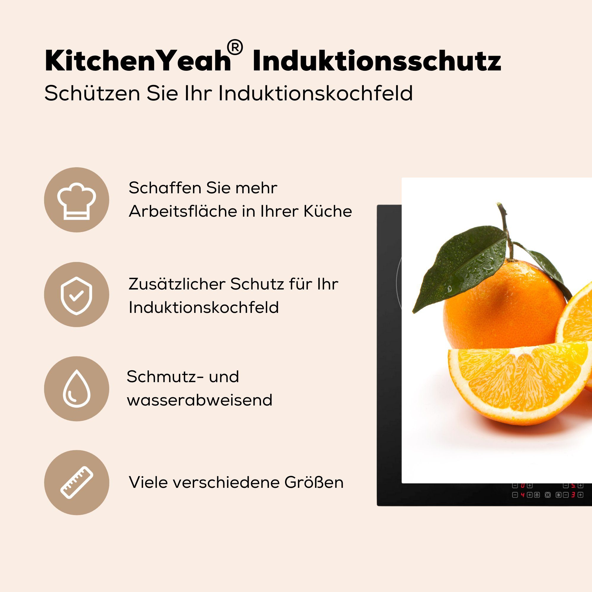 Frucht Blatt, tlg), - - 78x78 Herdblende-/Abdeckplatte küche MuchoWow cm, Arbeitsplatte Orange (1 Vinyl, Ceranfeldabdeckung, für