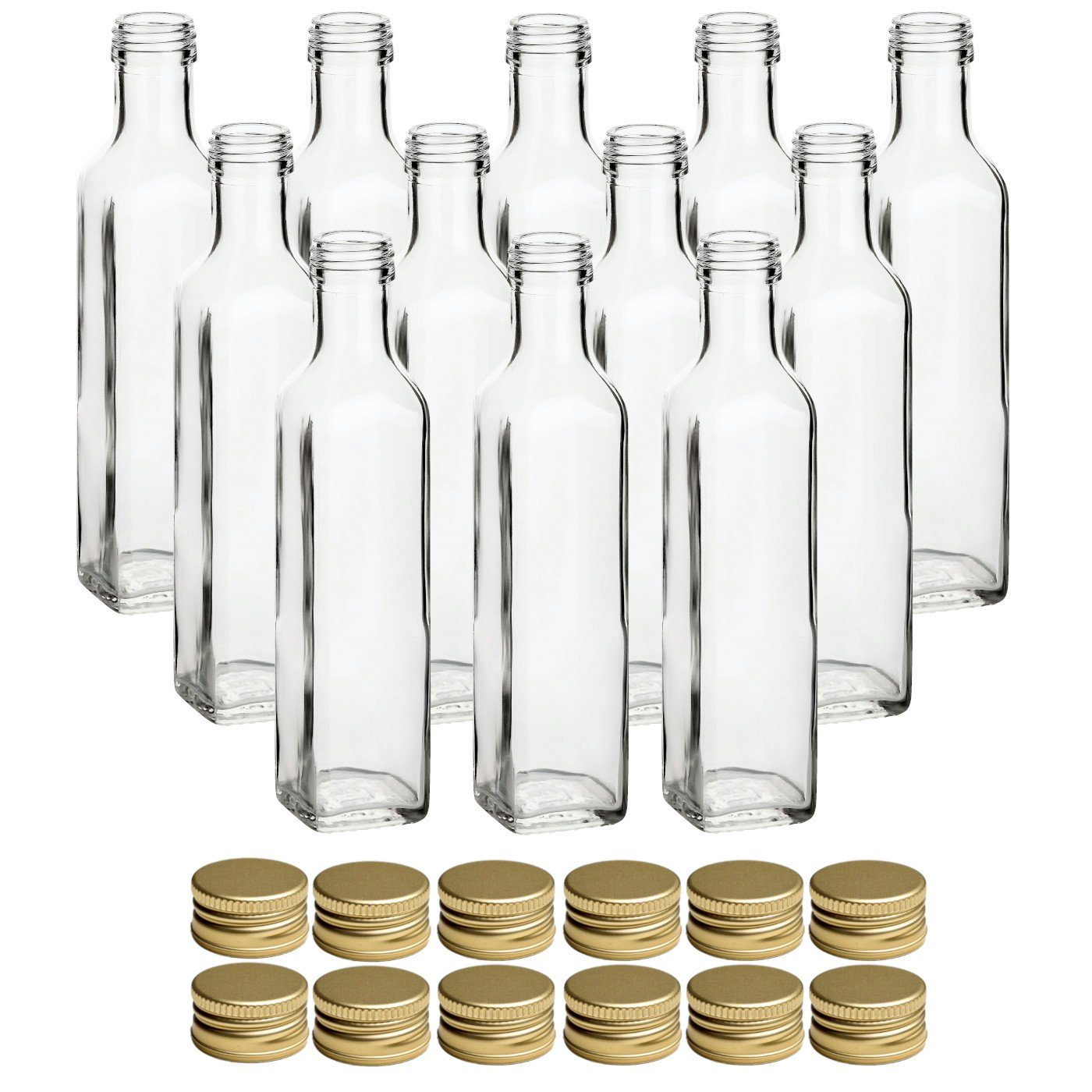 gouveo Trinkflasche Glasflaschen 250 ml Maraska mit Schraub-Deckel - Leere Likörflasche, 12er Set, goldfarben | Trinkflaschen