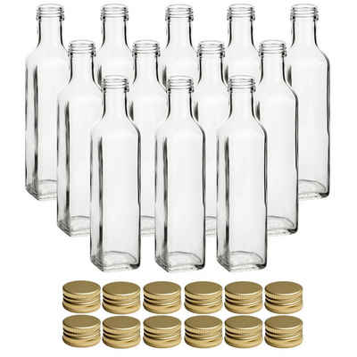 gouveo Trinkflasche Glasflaschen 250 ml Maraska mit Schraub-Deckel - Leere Likörflasche, 12er Set, goldfarben