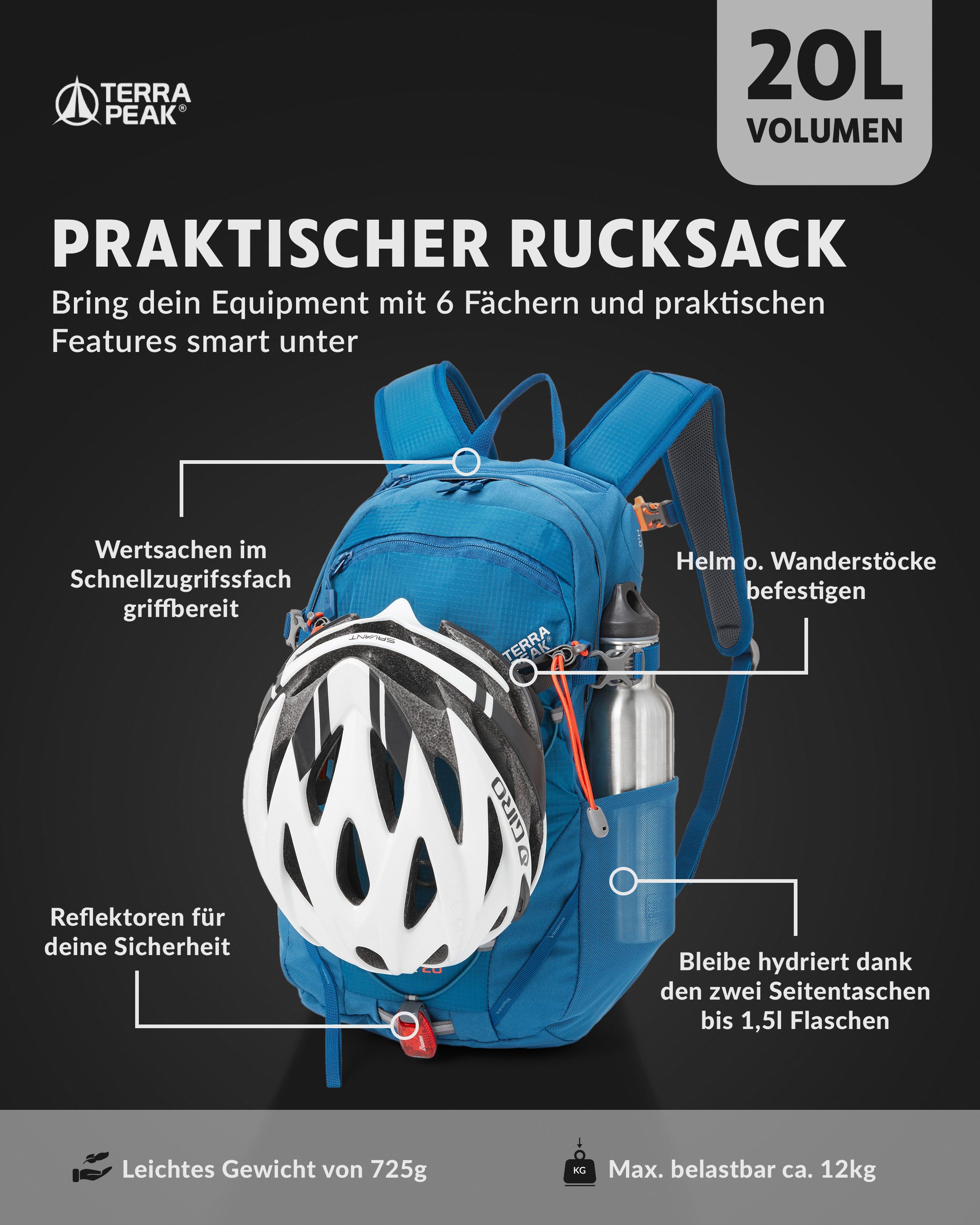 Terra Peak Wanderrucksack Flex 20, 20L klein mit YKK Reißverschluss Trekkingrucksack mit Hüftgurt
