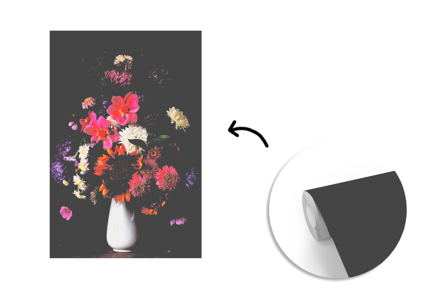 Wandtapete - Vinyl Tapete bedruckt, Stillleben - Fototapete Blumen für Farbe, Matt, St), Wohnzimmer, (3 MuchoWow Montagefertig