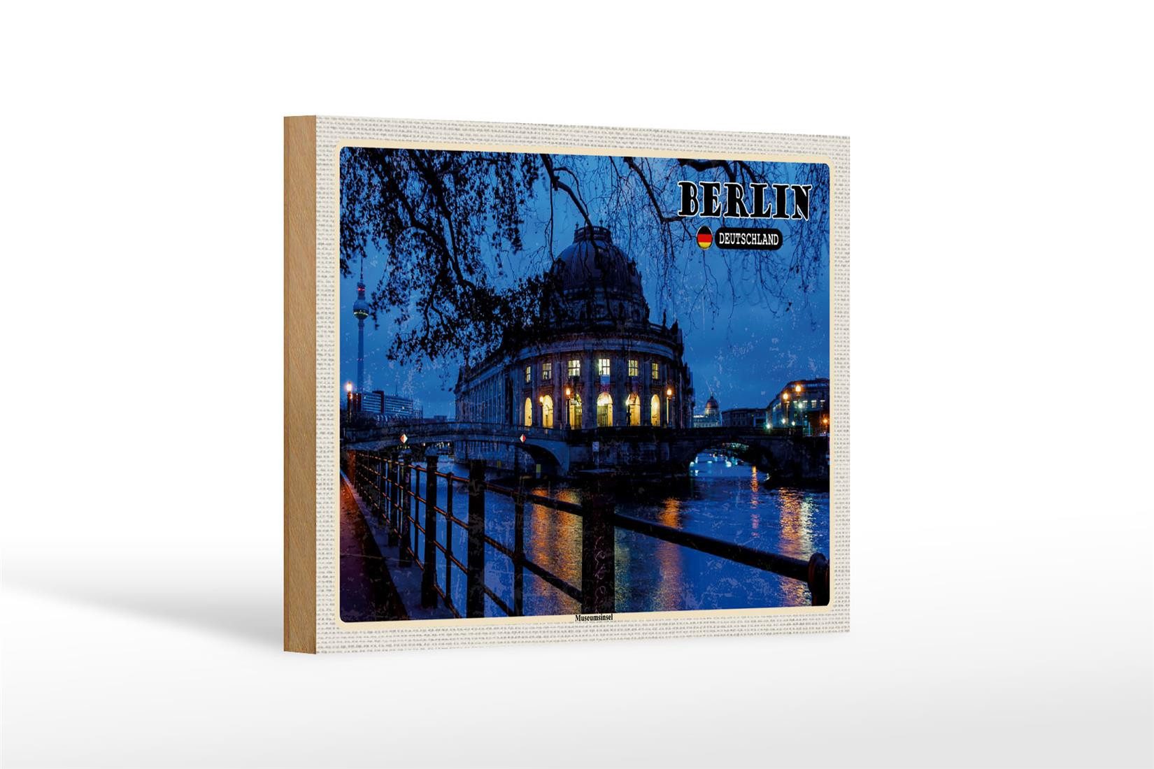 Holzbild Städte Berlin Museumsinsel Nacht Abend 18x12 cm