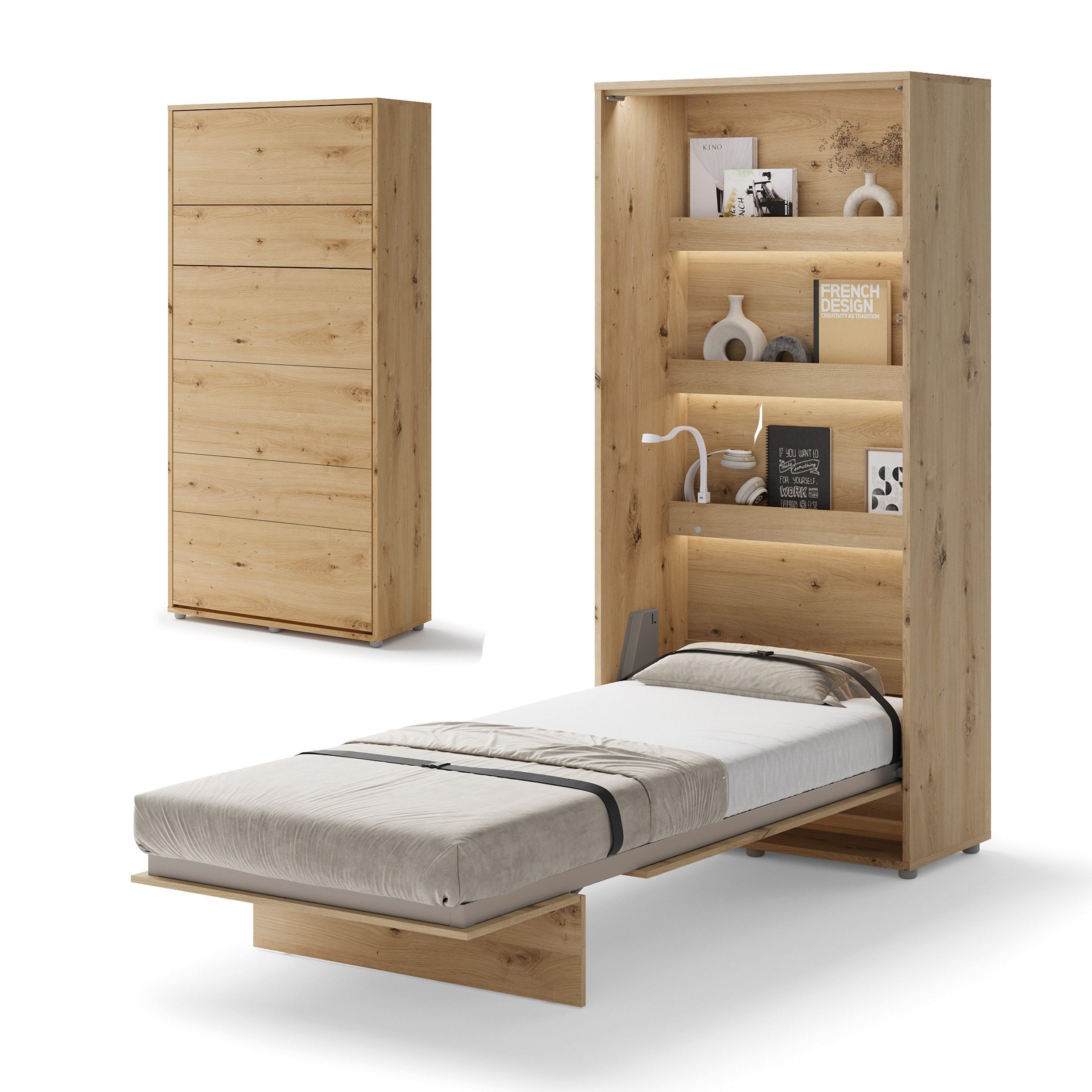 Friderik-EU Schrankbett Vertikal, Wandklappbett mit Lattenrost, Klappbett für kleine Räume mit pneumatischer Hebehilfe, Soft-Close, modernes Wandbett
