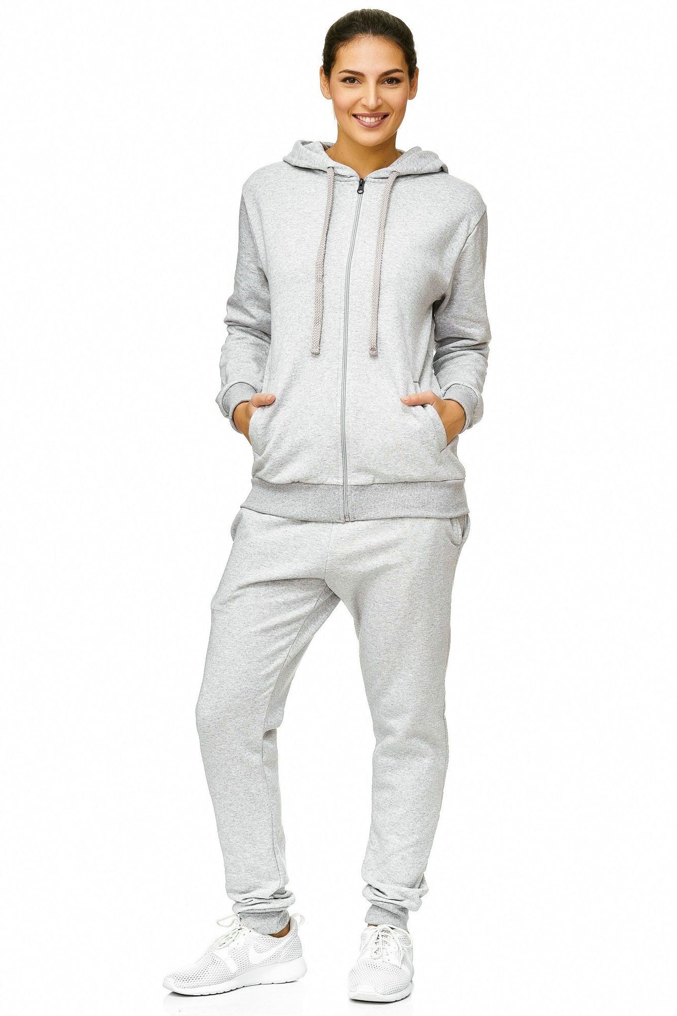 L.gonline Freizeitanzug Damen Jogginganzug einfarbig 100% Baumwolle 586 Grau 3XL (Kapuzenjacke mit Reißverschluss, Hose, 2-tlg), Fitness Freizeit Casual – Bild 2 von 5