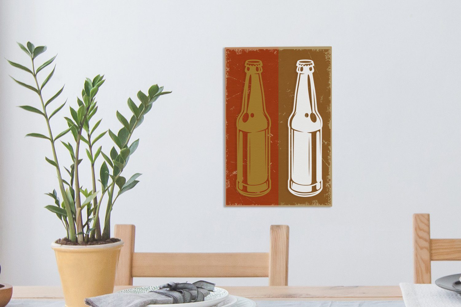 Flasche (1 - bespannt OneMillionCanvasses® - Gemälde, 20x30 Zeichnung, Mancave cm Vintage fertig St), Zackenaufhänger, inkl. - Leinwandbild Leinwandbild