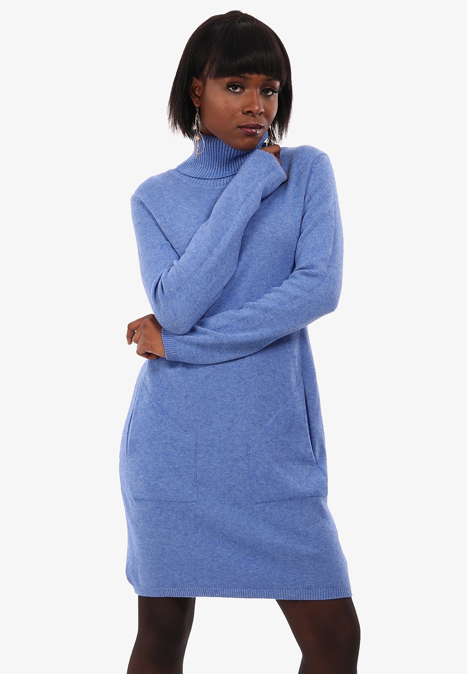 YC Fashion & Style Strickkleid Strickkleid Longpullover mit Rollkragen und Einschubtaschen (1-tlg) in Unifarben blau