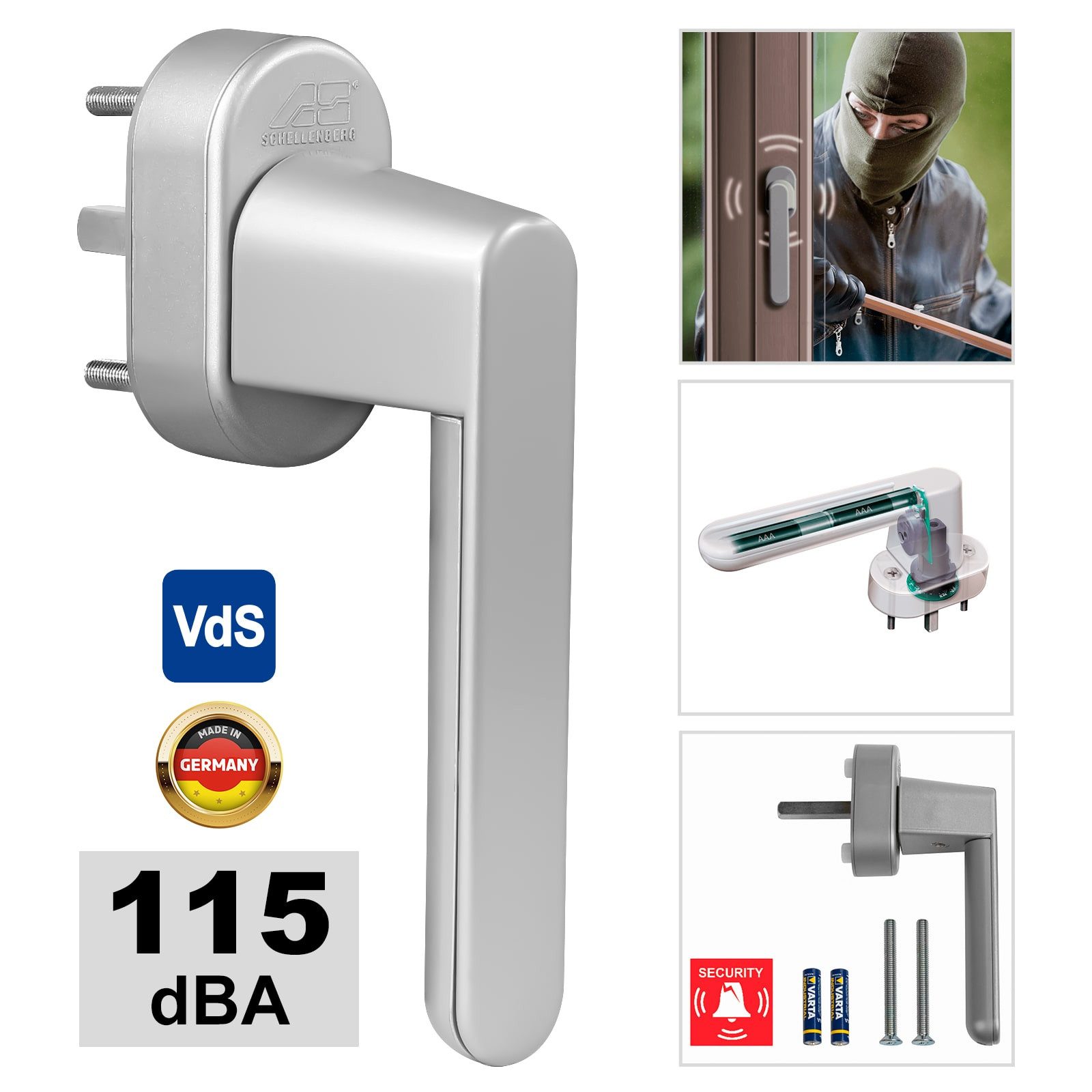 SCHELLENBERG Alarmfenstergriff 115 dB Alarm für Fenster, Balkontüren und Terrassentüren, 32mm Vierkantlänge, L: 13,60 cm, Einbruchschutz, 32mm Vierkantlänge, Silber
