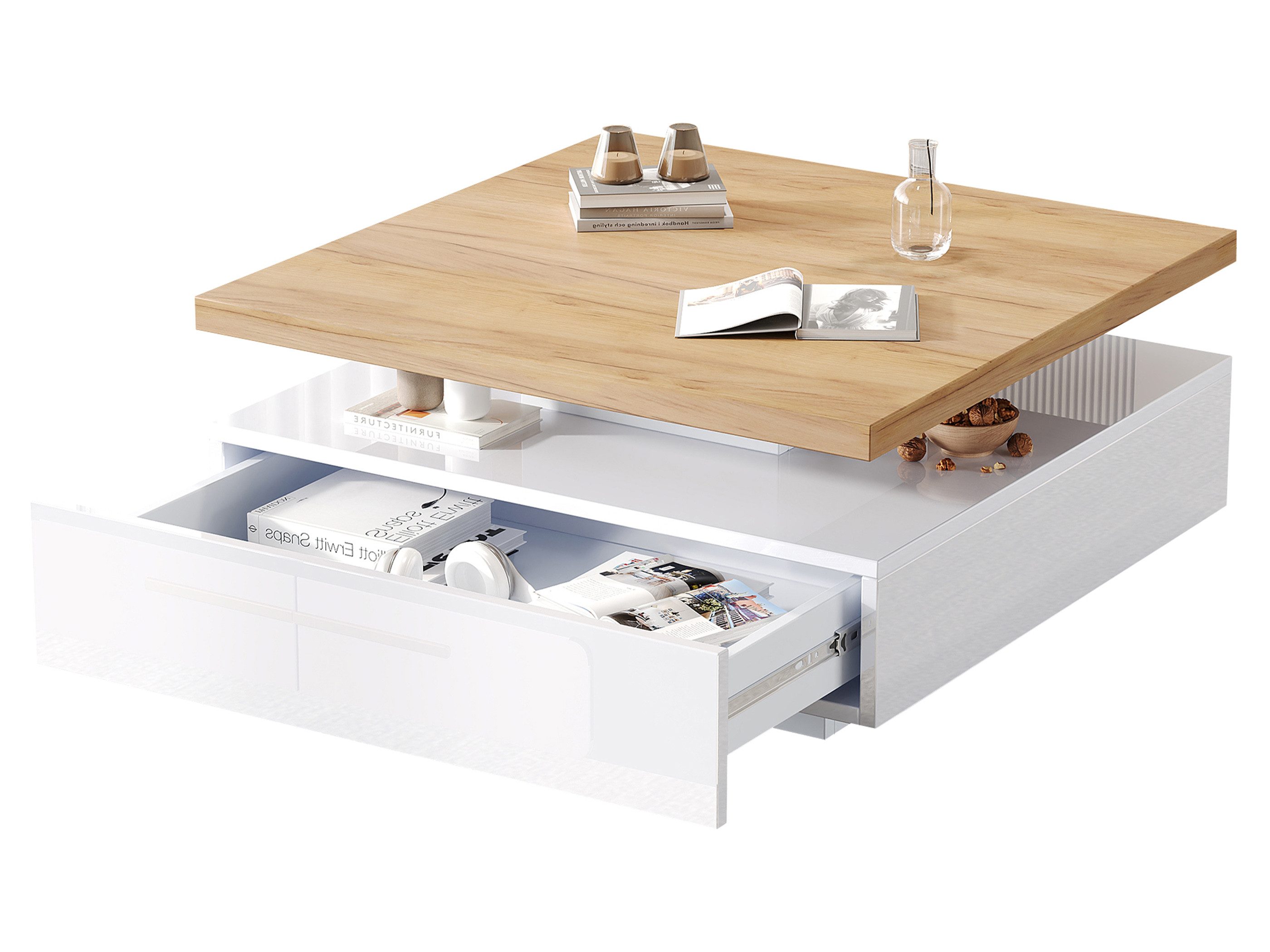 SeedWave Couchtisch Quadratischer Sofatisch mit 360° Drehbarer Ober-Tischplatte, Schublade, Hochglänzende Oberfläche an Unterseiten