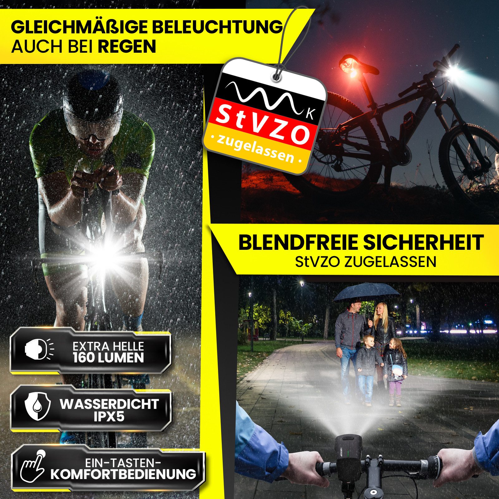 Dunlop Fahrradbeleuchtung Fahrradlicht Fahrrad Licht - Extra helles LED Licht, Hochleistungs-Akku - Fahrradbeleuchtung StVZO zugelassen