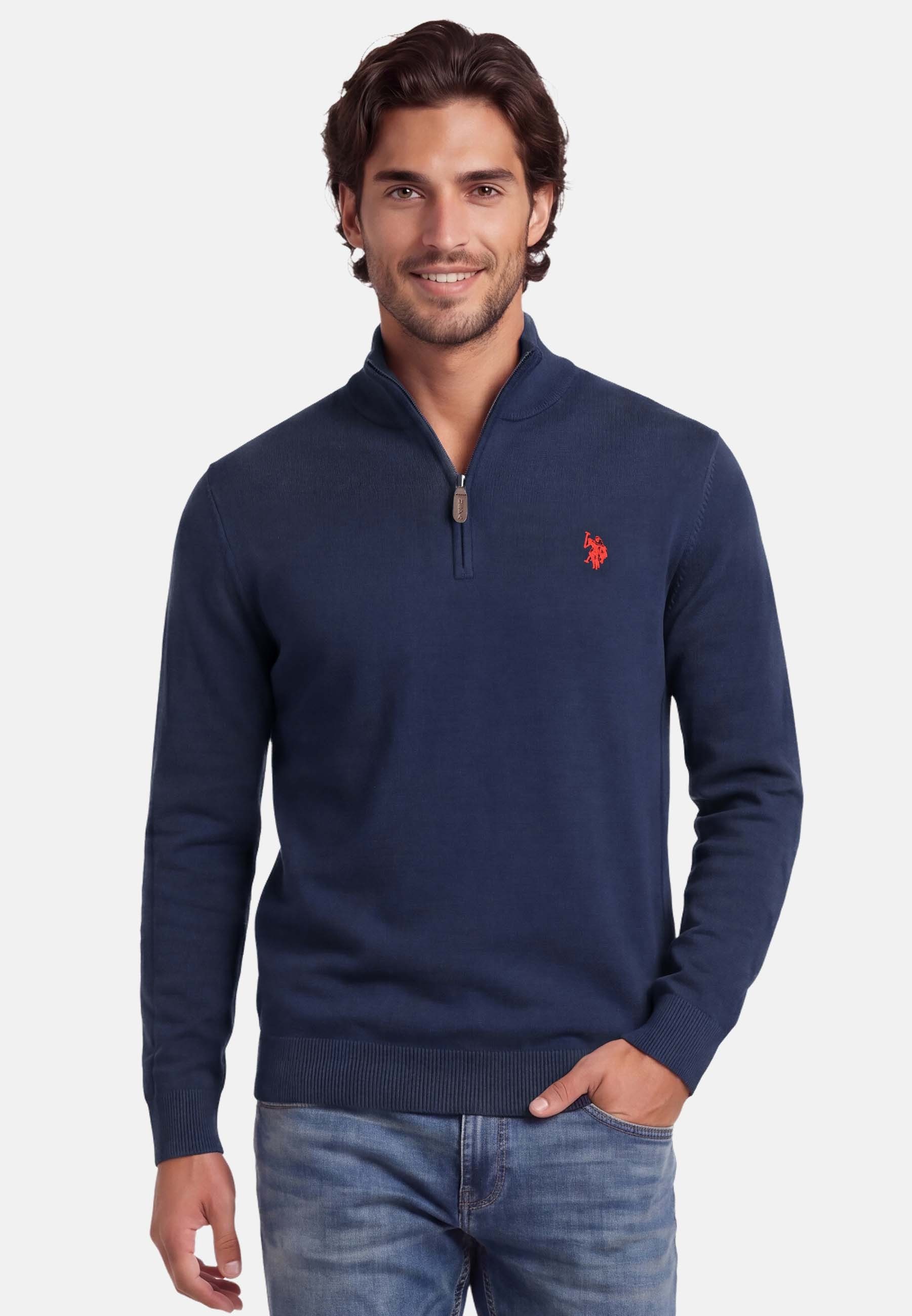 U.S. Polo Assn. Stehkragenpullover USKnooxx – Herren Half-Zip Strickpullover Baumwoll-Viskose-Mix, weiche Qualität und sportiver Look