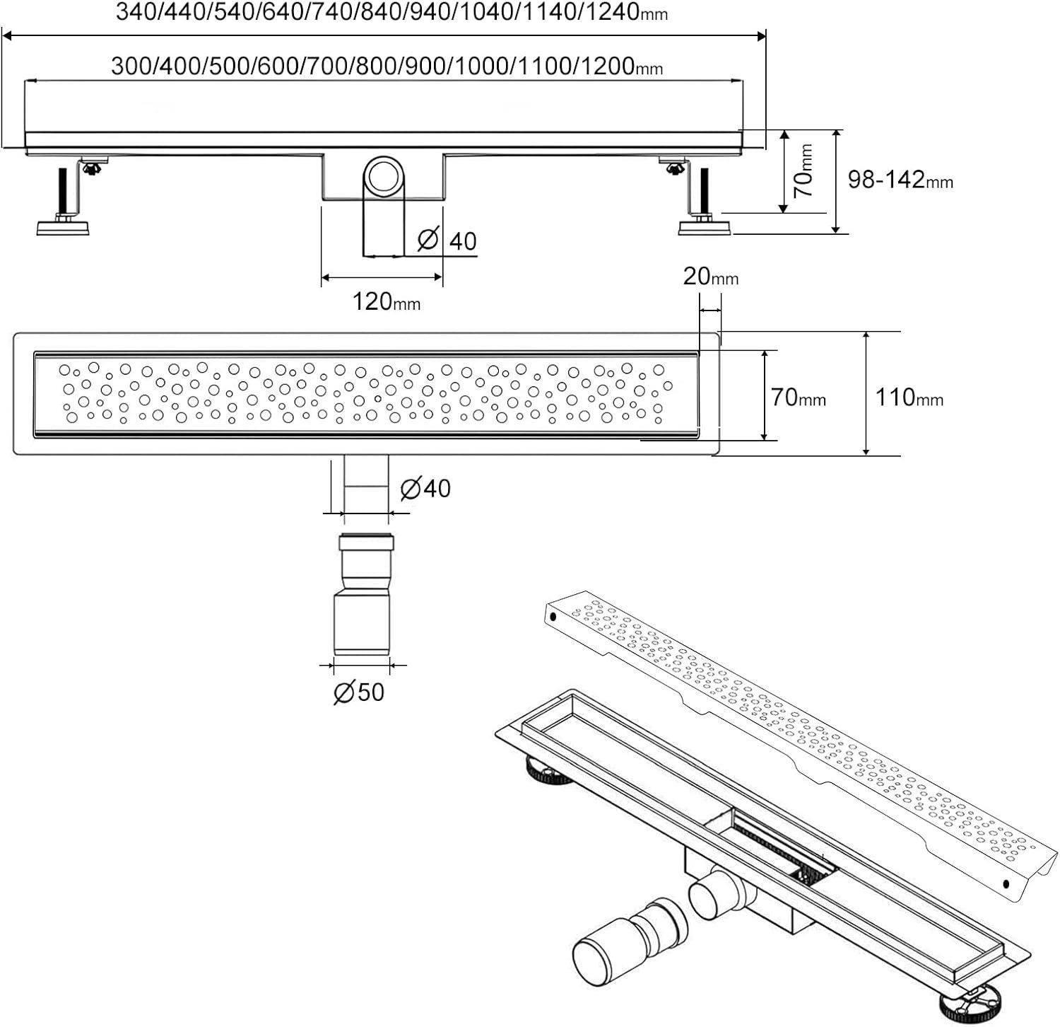 SaniteModar Duschrinne Extra flacher Edelstahl-Bodenablauf Komplettset mit Siphon & Haarsieb, 1-St., Schnelle Wasserableitung bis 40 l/min, 70 cm