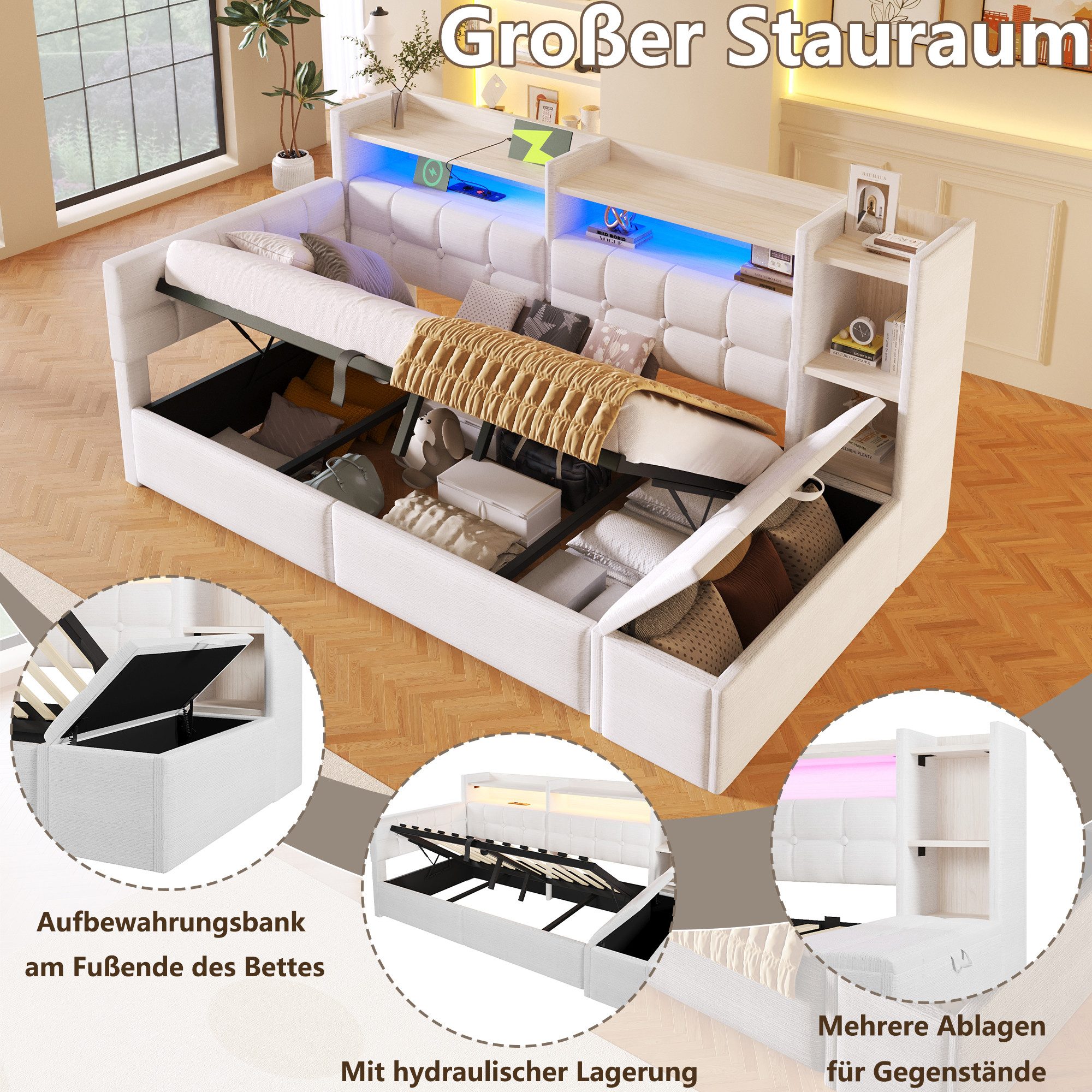TavilaEcon Daybett Schlafsofa mit hydraulischer Lagerung, USB- und Typ-C-Anschlüssen (1 tlg), mit Ablagefach, Stauraumbank am Fußende, 140 × 200 cm, Weiß – Bild 5 von 5