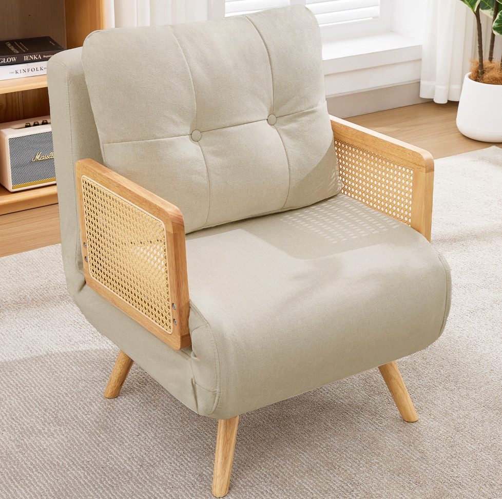 OKWISH Schlafsofa 3-in-1 Schlafsessel mit 5-fach verstellbarer Lehne, Beige, ausklappbar als Gästebett, 67,5x73x86,5cm 1 Teile, Leinenstoff, Rattan-Armlehnen & Massivholzbeine