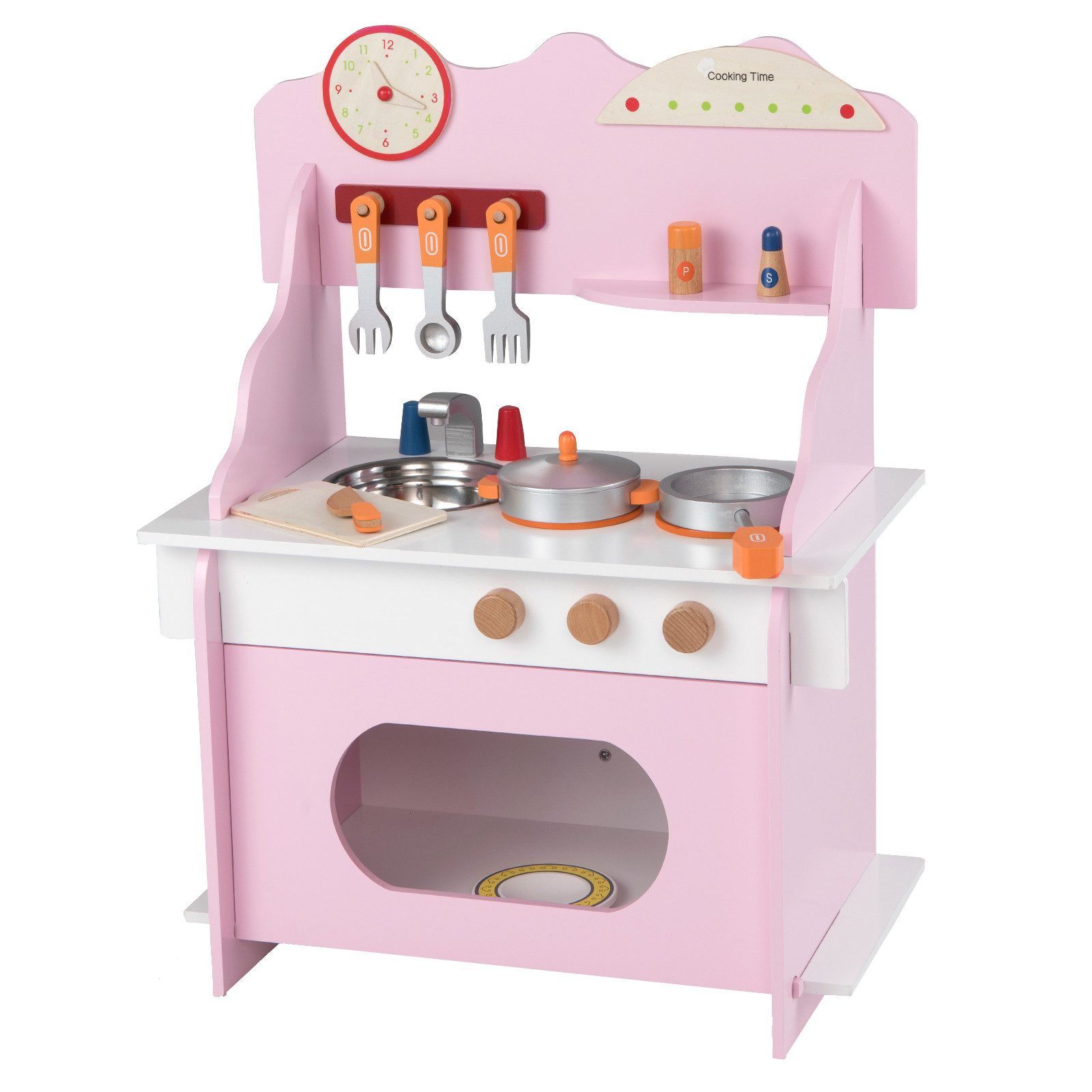 COSTWAY Spielküche MDF, Massivholz, Edelstahl, Mit Uhr, Herd, Gewürzregal, Wasserhahn, Spüle & Ofen
