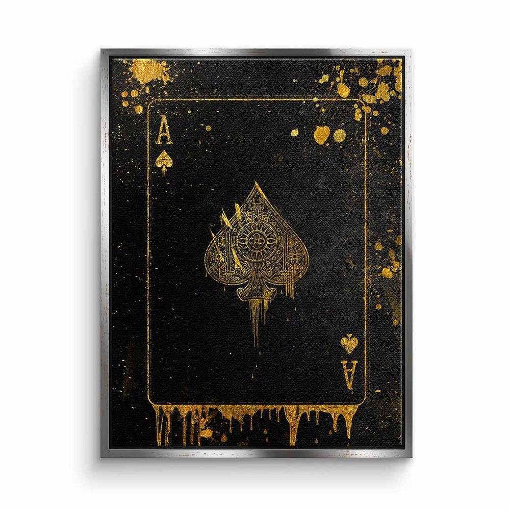DOTCOMCANVAS® Leinwandbild Ace Card, Leinwandbild Ace Card schwarz gold Ass Karte edel elegant mit premium silberner Rahmen