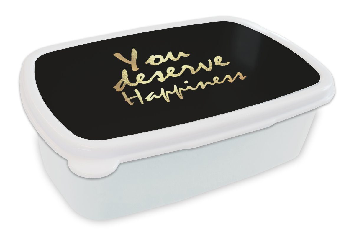 Lunchbox Schwarz, und Glücklich Gold für - - (2-tlg), Brotbox - Brotdose, Kunststoff, für und weiß Jungs Mädchen Erwachsene, MuchoWow Zitate Kinder