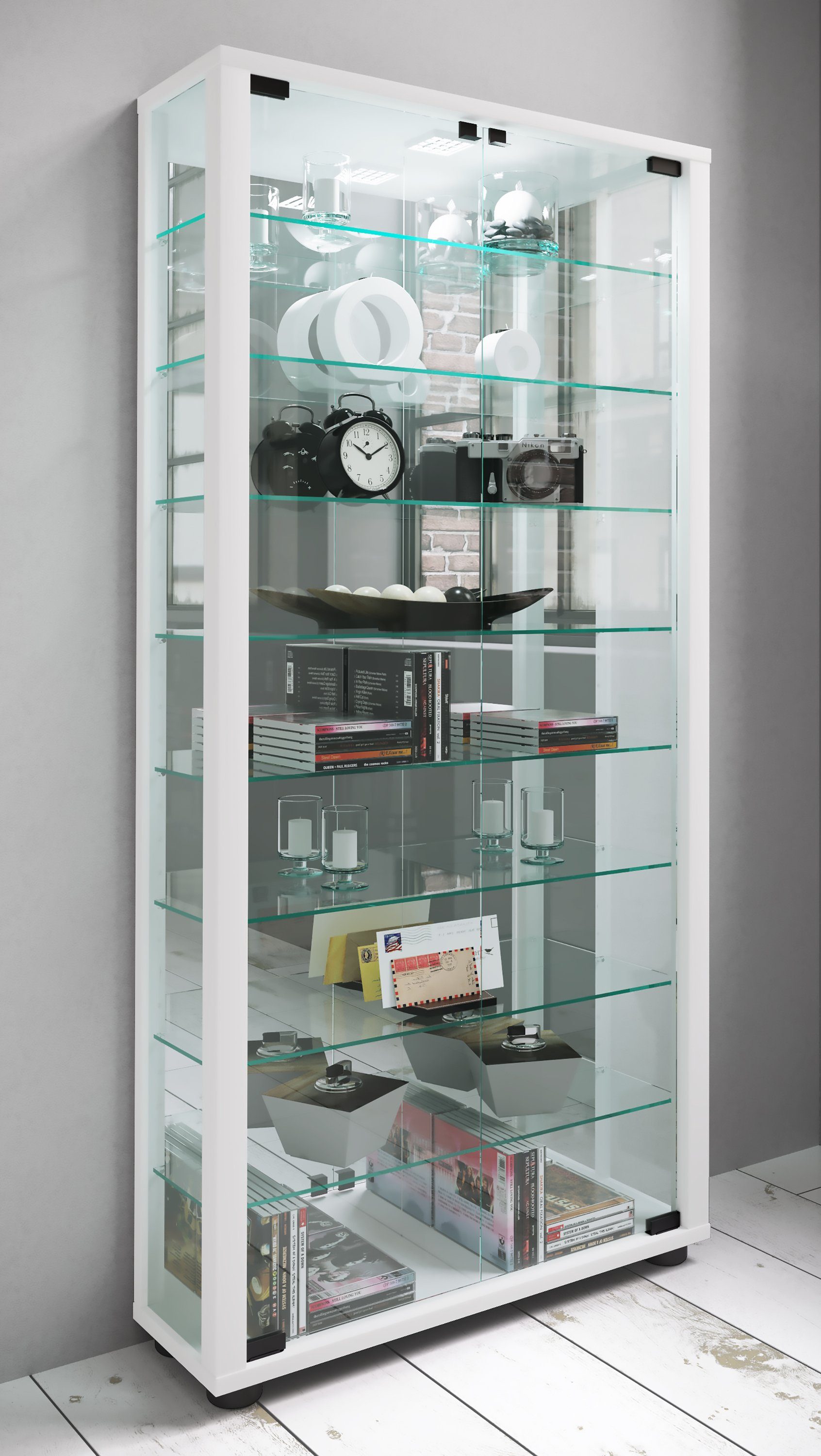 VCM Standvitrine Glasvitrine Lumo mit Glastüren, Spiegel und Glasvitrine stehend, Modern und platzsparend, Glasschrank