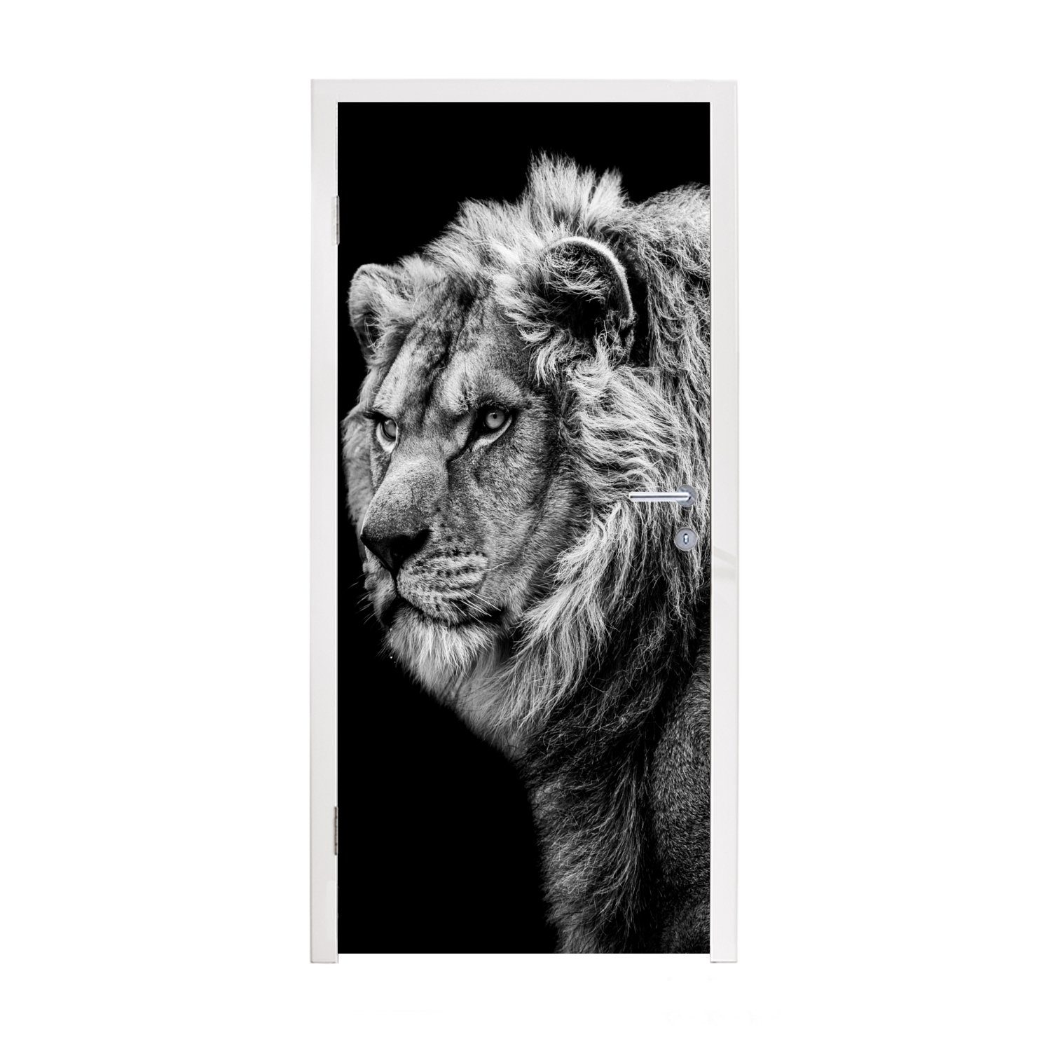 MuchoWow Türtapete Löwe - Porträt - Wildtiere - Schwarz - Weiß, Matt, bedruckt, (1 St), Fototapete für Tür, Türaufkleber, 75x205 cm