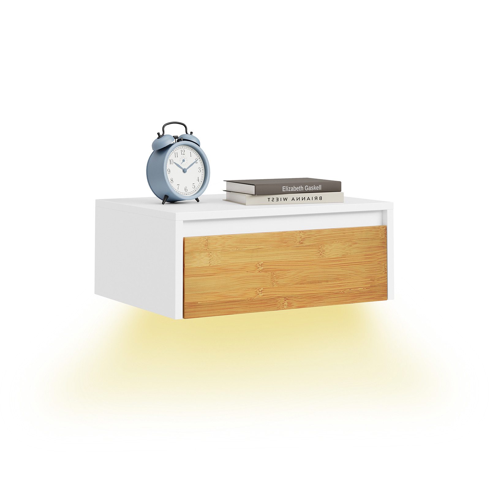 SoBuy Nachttisch FBT174, Nachtschrank Nachttisch hängend, Wandregal Bettablage, Wandschrank mit Bewegungssensor Licht, mit Schublade, Schlafzimmer