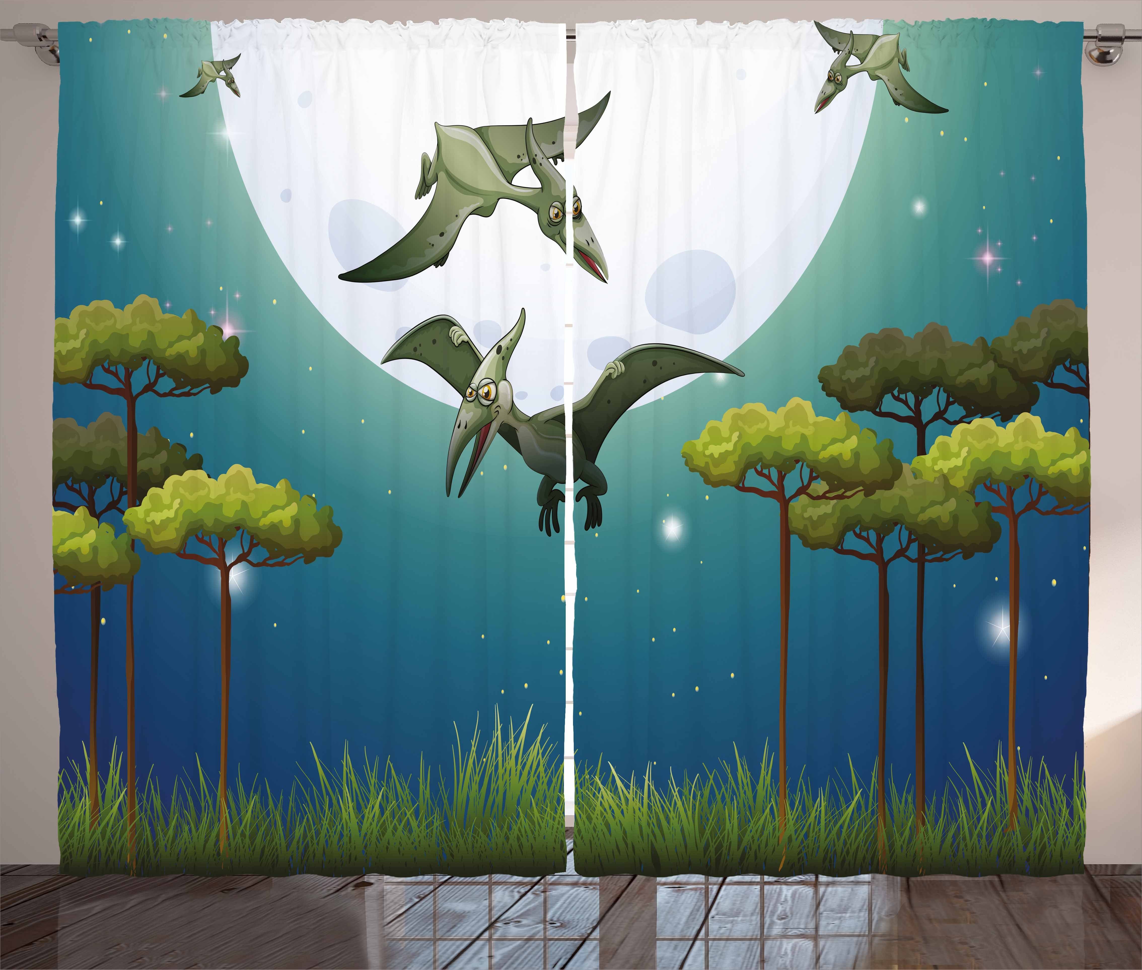 Gardine Schlafzimmer Kräuselband Vorhang mit Schlaufen und Haken, Abakuhaus, Dinosaurier Fliegen Cartoon Animals