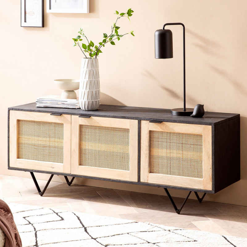 FINEBUY Sideboard FB98161 (145x55x40 cm Mango Massivholz / Rattan Anrichte), Kommode 3 Türen, Hoher Kommodenschrank