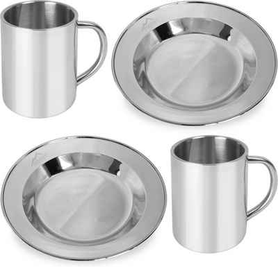 normani Geschirr-Set (4-tlg), Edelstahl, Camping Besteck-Set Kochgeschirr für 2 Personen - 2 x Teller - 2 x Thermotasse