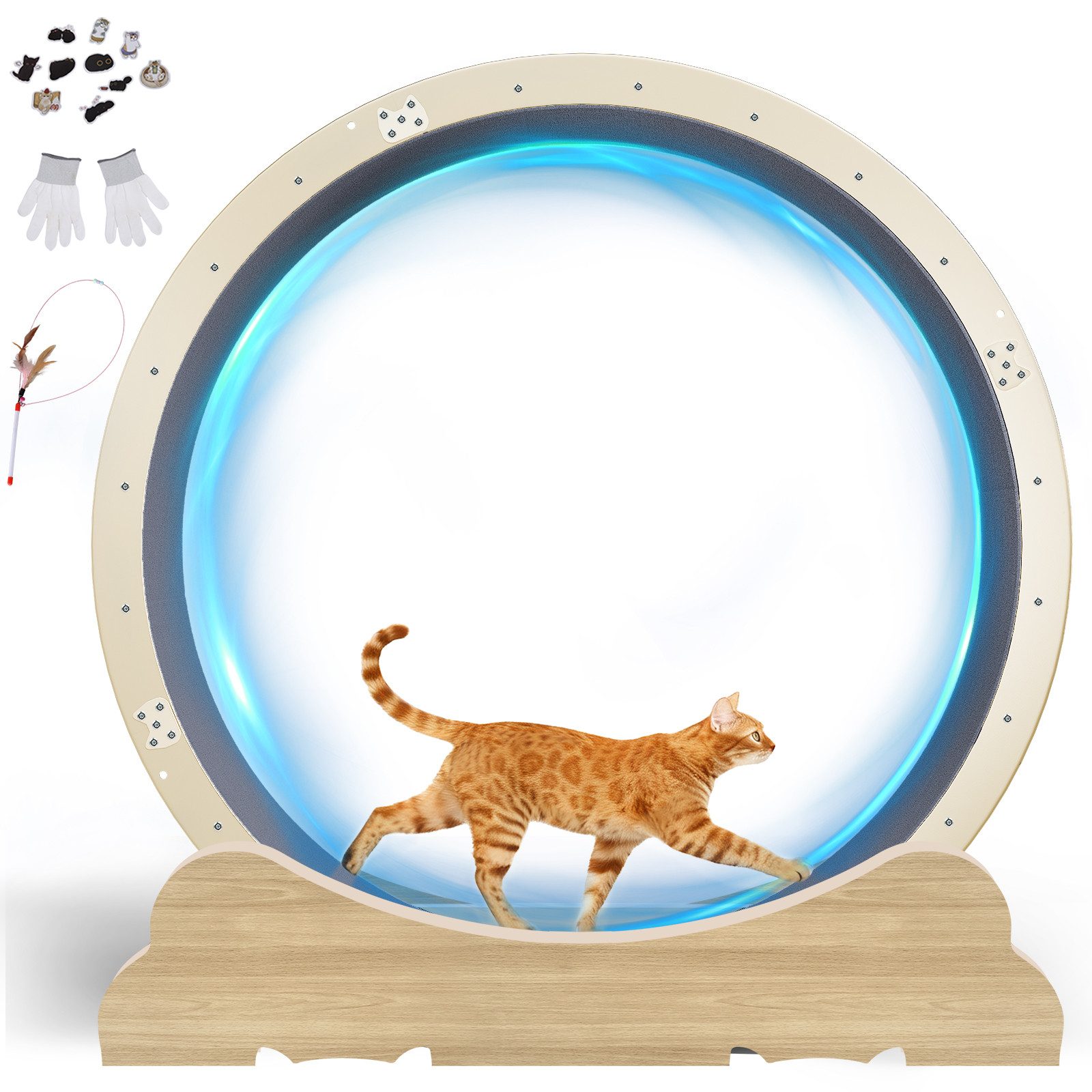 COMHOMA Tier-Intelligenzspielzeug Katzenlaufrad, laufrad Katze, Extra großer 100 cm, ultraleises Laufrad, mit Abnehmbarer Teppich und Spielzeug, Aufkleber, Verriegelung