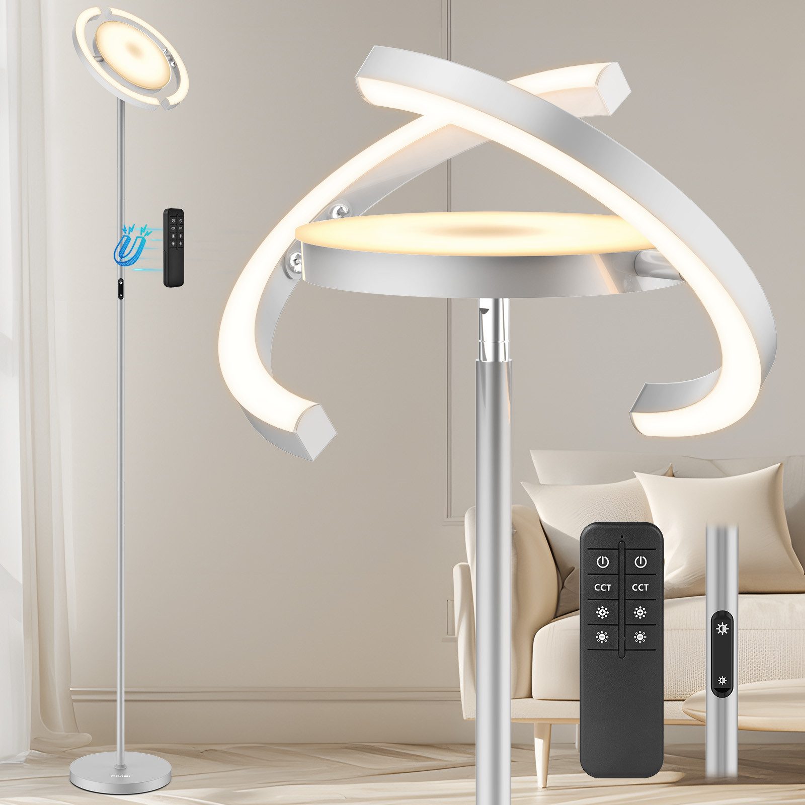 FIMEI Stehlampe Saturn-Stehlampe 36W, Stufenlos dimmbar, LED fest integriert, warmes Licht, kaltweiß, Tageslicht, Steuerung per Fernbedienung/Touchbedienung