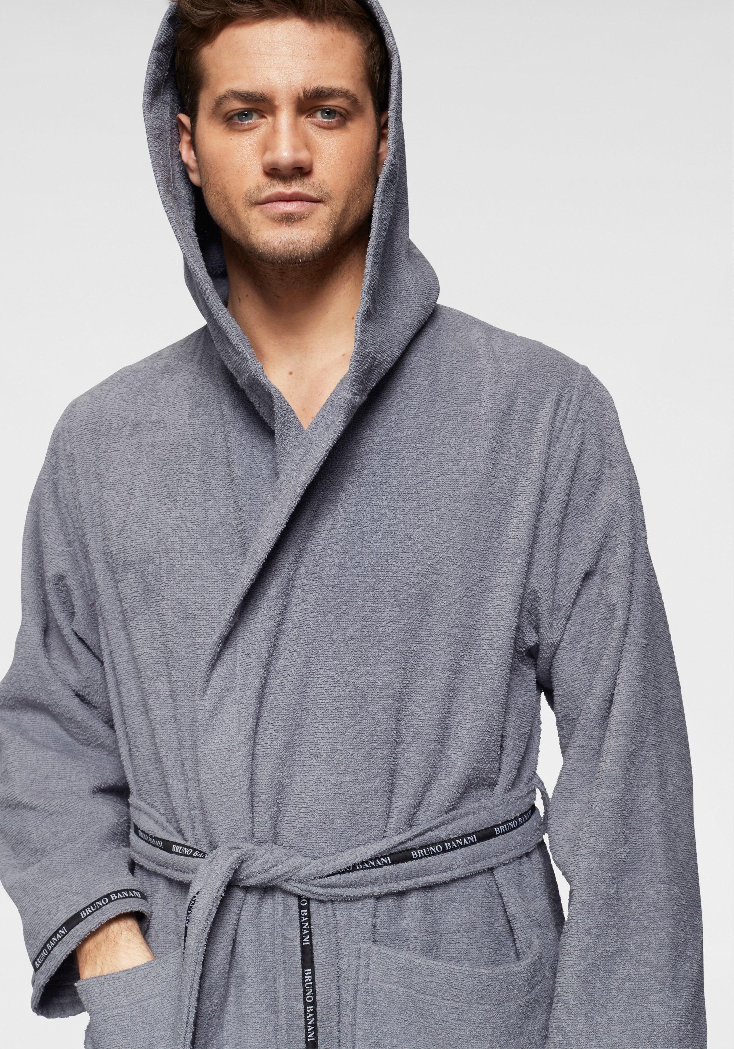 Bruno Banani Herrenbademantel Danny, Normallänge & Überlänge, auch in extra lang, Hotelbademantel, Langform, Walkfrottee, Kapuze, Gürtel, mit Logostreifen, Herren Bademantel aus 100% Baumwolle, S-4XL