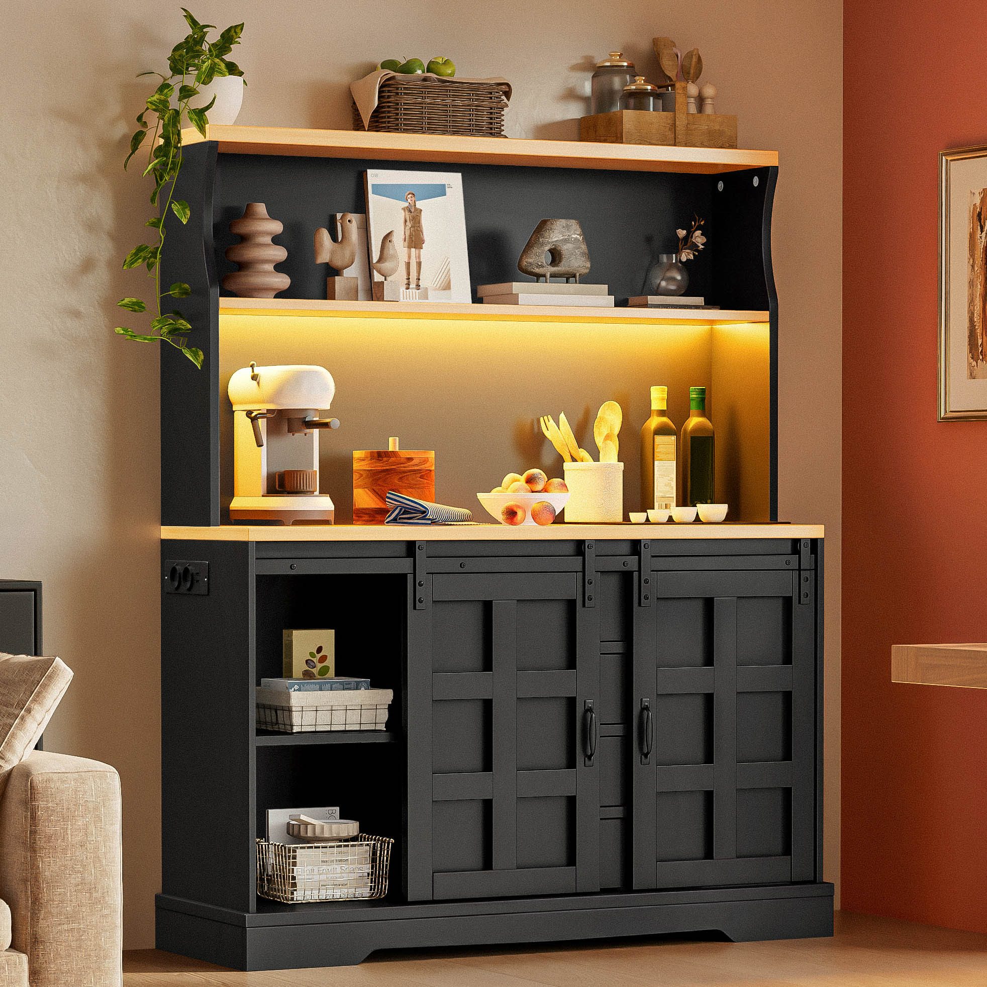 Flieks Küchenbuffet mit LED-Beleuchtung, Steckdose, Schiebetüren in Retro-Design (B120/T40/H150 cm, 1-St) Hochschrank Küchenschrank Buffet mit verstellbarer Ablagen Schwarz