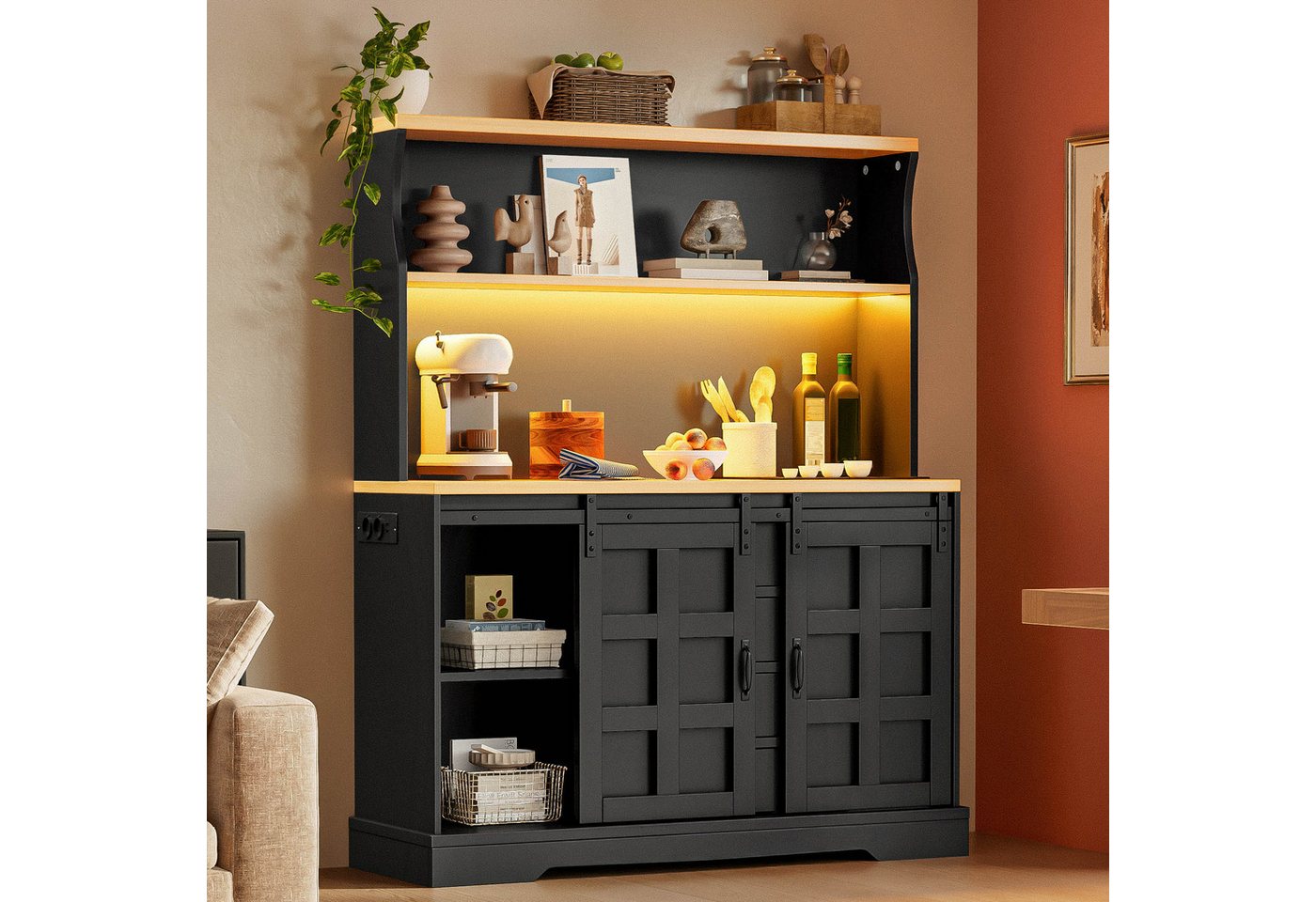 Flieks Küchenbuffet mit LED-Beleuchtung, Steckdose, Schiebetüren in Retro-Design (B120/T40/H150 cm, 1-St) Hochschrank Küchenschrank Buffet mit verstellbarer Ablagen Schwarz