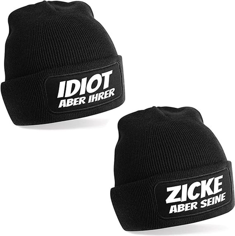 Herzbotschaft Beanie 2er Set Beanies Unisex Spruch Idiot Einheitsgröße Skimützen) Wintermütze mit und (Mützen Strickmütze SoftTouch und Zicke warme weiche Der Aufdruck, schwarz angenehm Seine mit