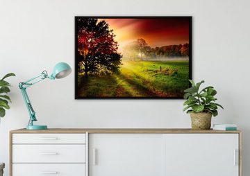 Pixxprint Leinwandbild Sonnenuntergang an Lichtung, Wanddekoration (1 St), Leinwandbild fertig bespannt, in einem Schattenfugen-Bilderrahmen gefasst, inkl. Zackenaufhänger