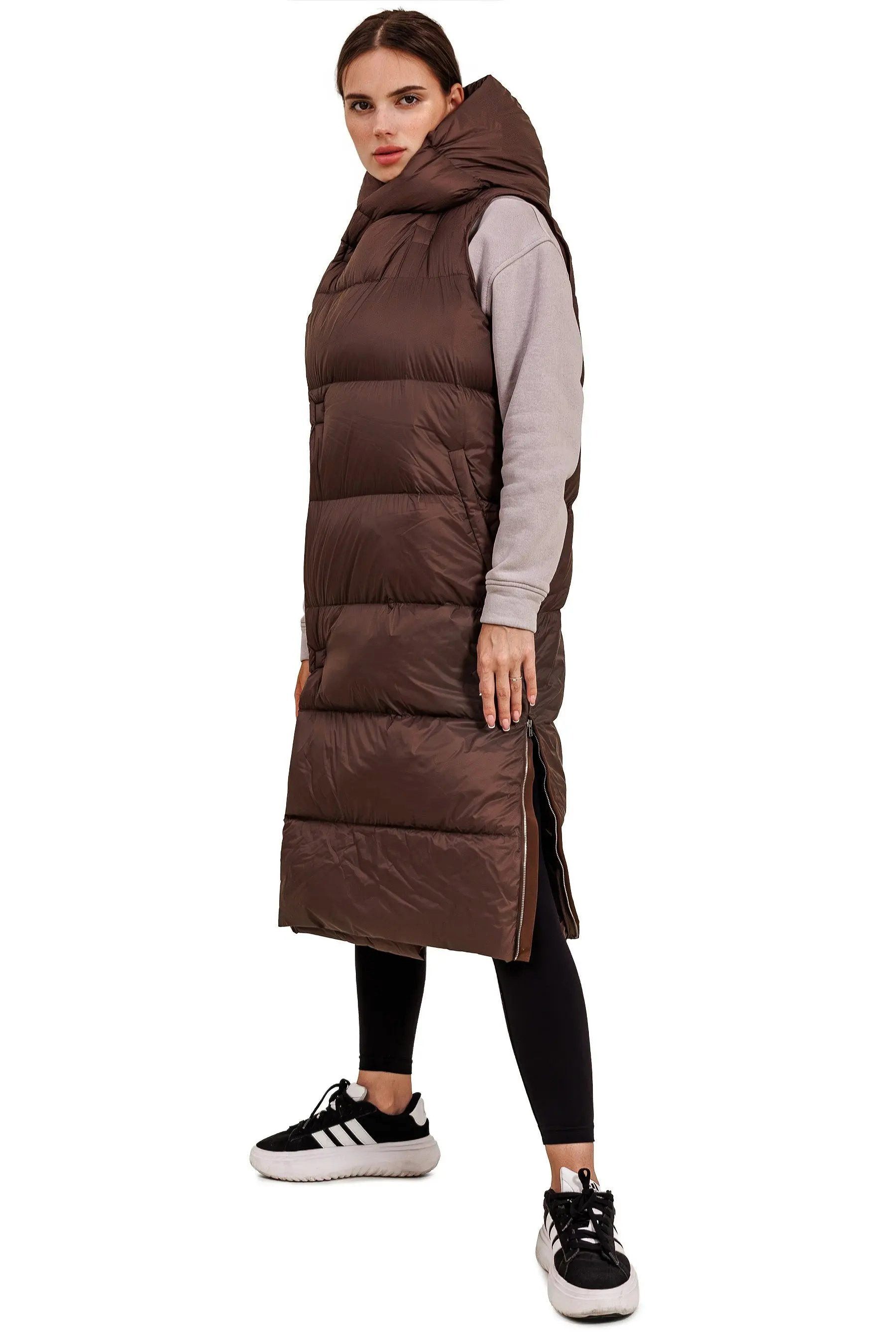 JNBY Daunenweste Damen lange Daunenweste mit Kapuze Frühlingsweste Schoko warm
