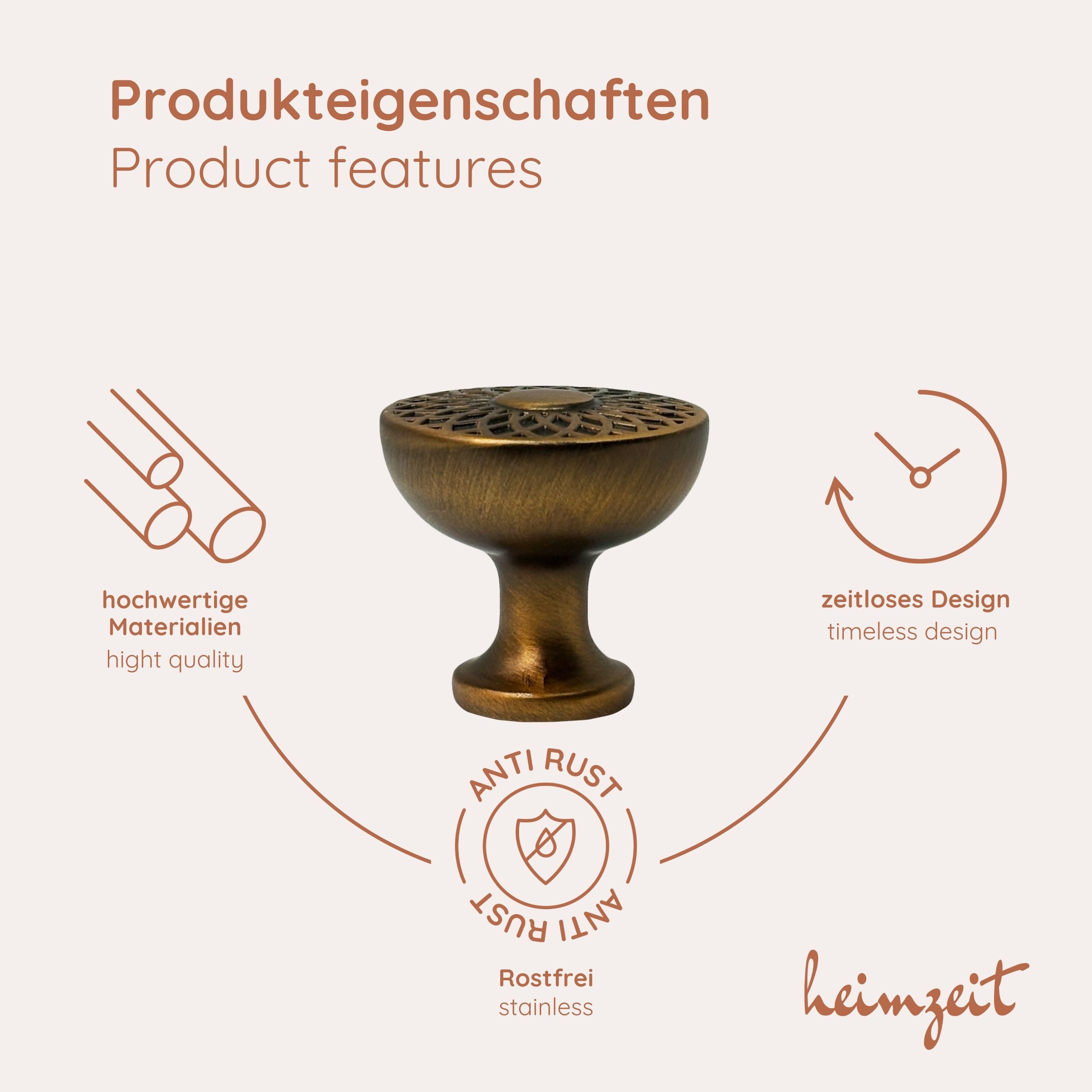 heimzeit Möbelgriff heimzeit Möbelknöpfe Urban - 8 Stück (Set), für Schubladen, Türen und Kommoden, inkl. Schraube
